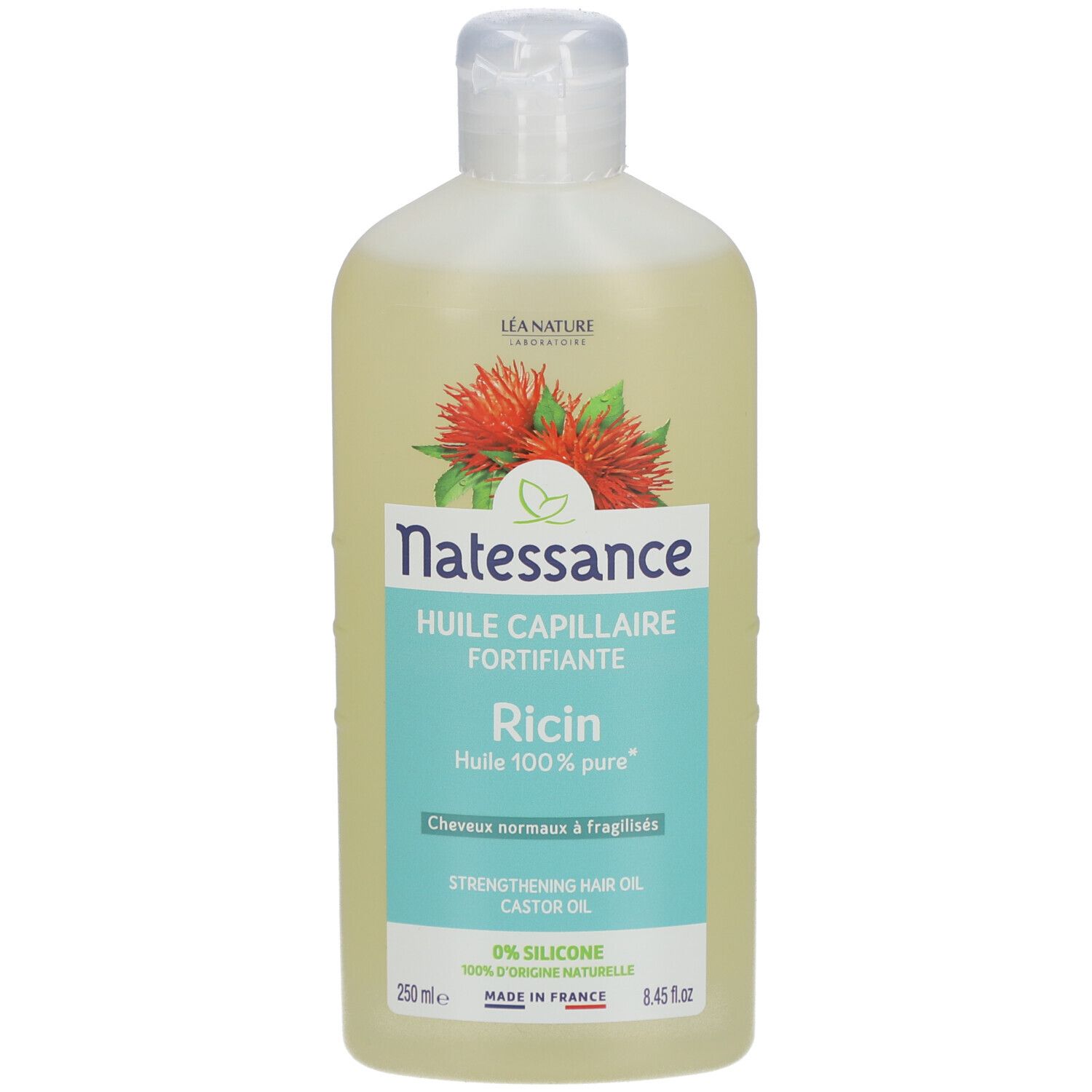 Flacon de Huile Capillaire Fortifiante Ricin Natessance. Ingrédients naturels. 250ml. Bouchon blanc et étiquette.