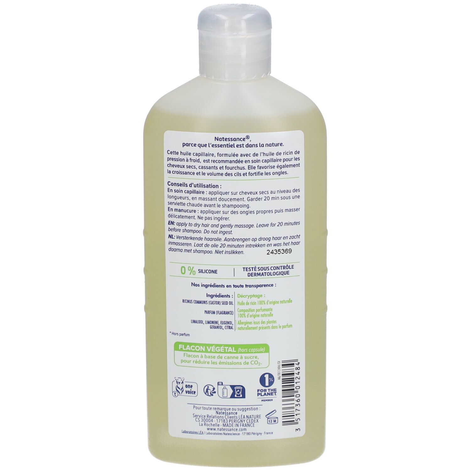 Dos du flacon. Ingrédients, conseils d'utilisation, 0% silicone, testé dermatologiquement. Flacon végétal.