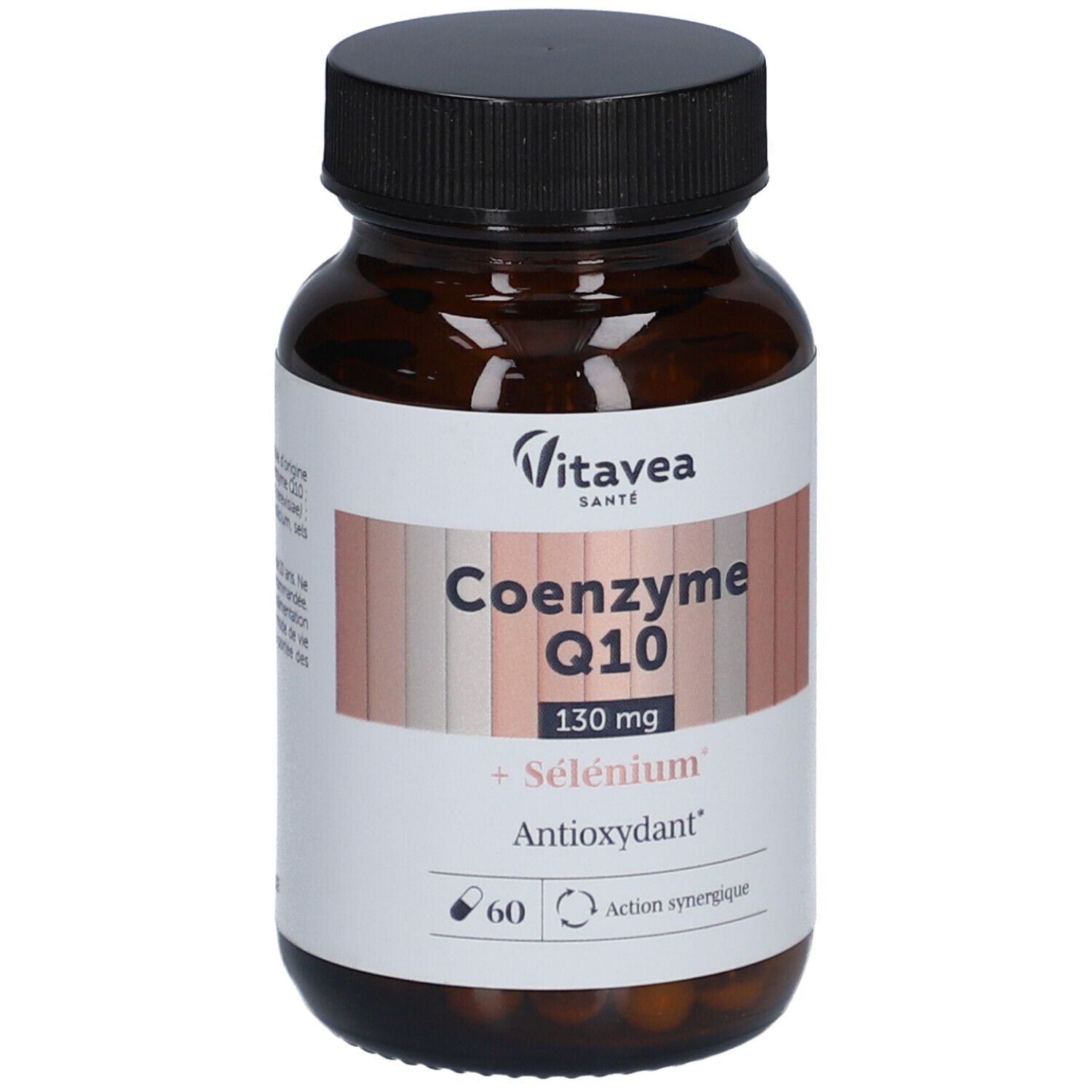 Flacon en verre brun, bouchon noir. Étiquette avec nom du produit, ingrédients et marque Vitavea Santé. Contient 60 gélules.