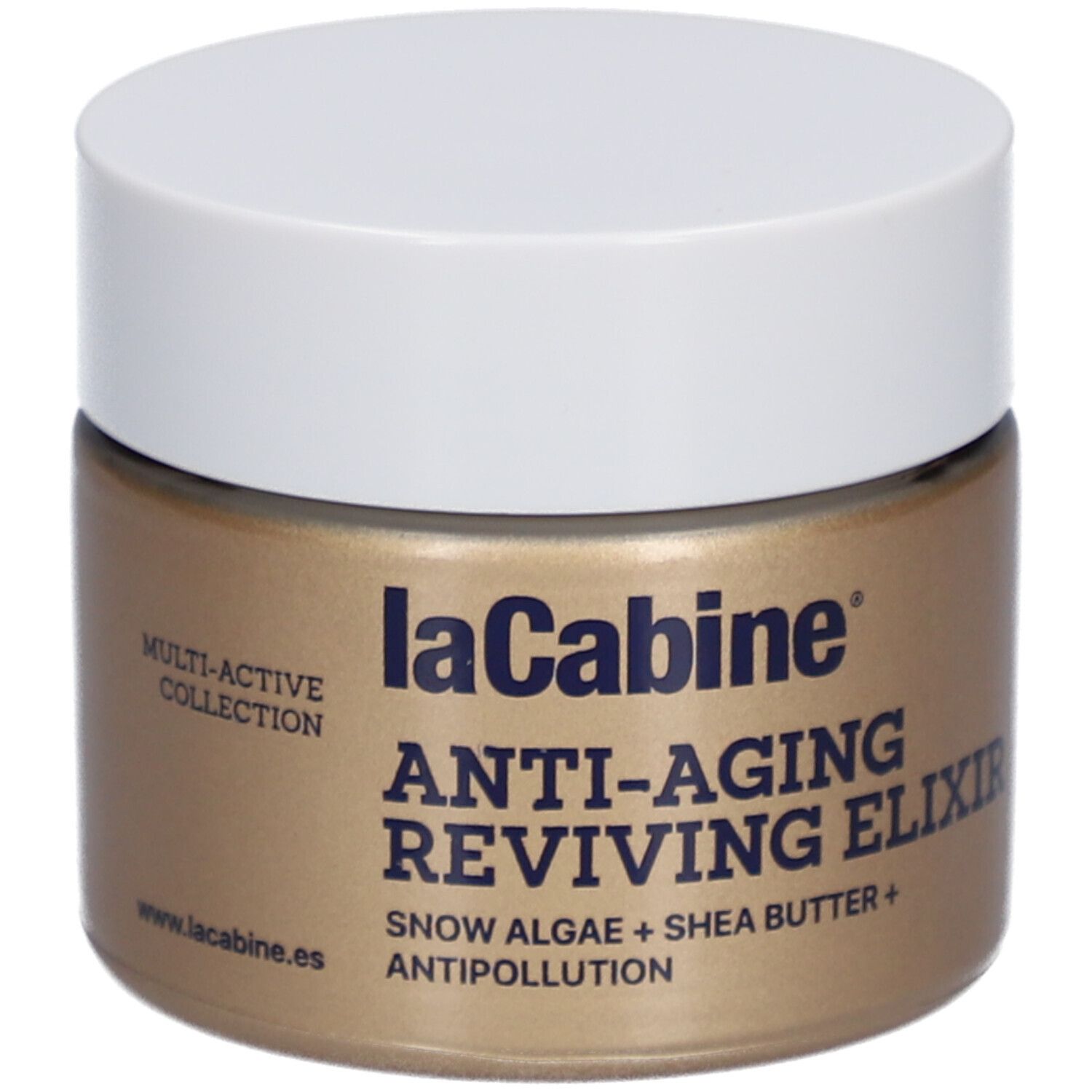 Pot doré avec couvercle blanc. Inscription: laCabine Anti-Aging Reviving Elixir. Contient algues des neiges et beurre de karité.
