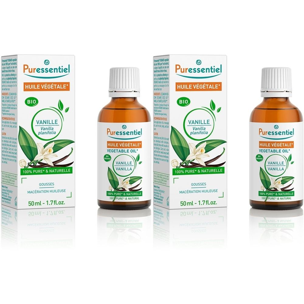 Huile végétale BIO Vanille Puressentiel en flacons de verre brun avec bouchons blancs. Boîtes montrent fleurs et gousses de vanille.