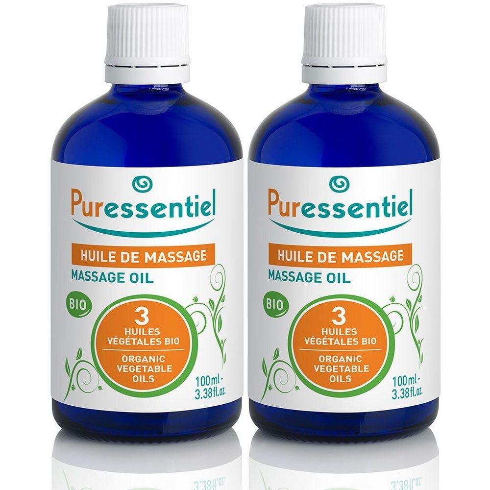 Deux flacons bleus en verre avec bouchon blanc. Étiquette avec nom du produit, huile de massage, et certification bio. 100ml.