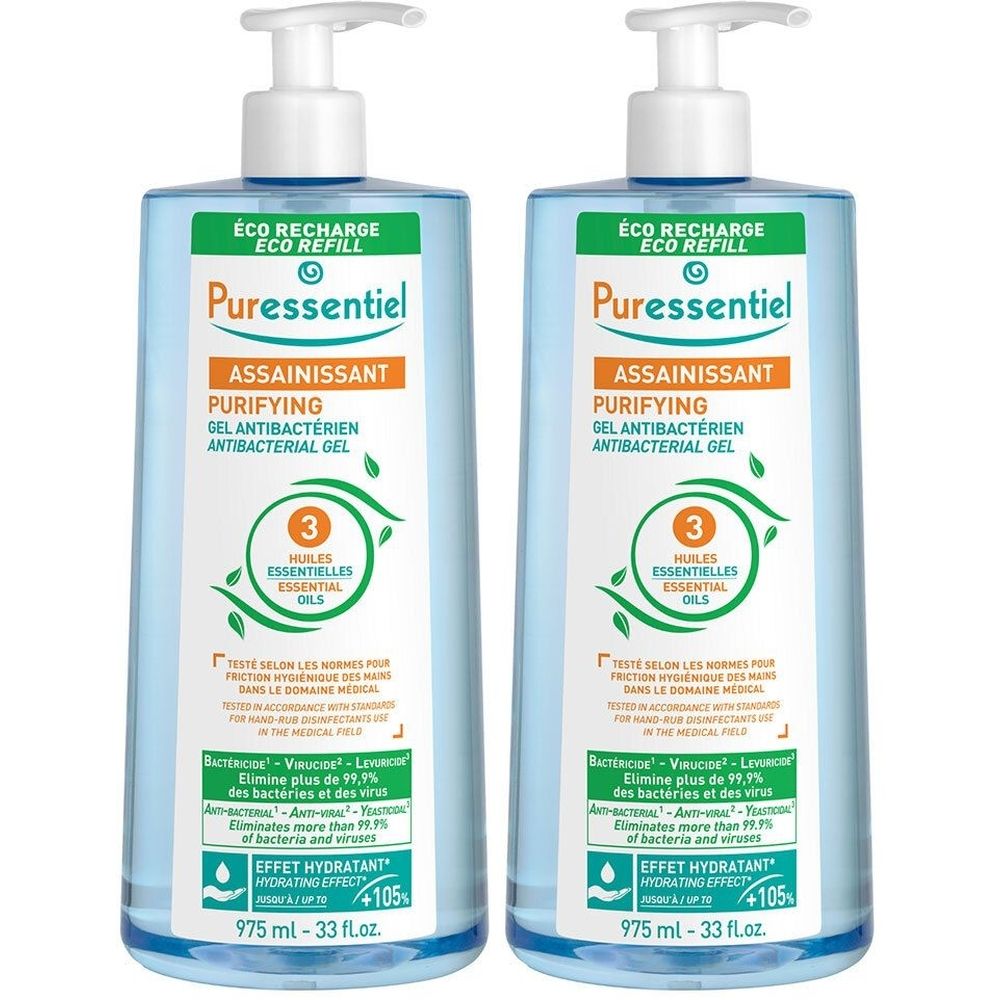 Deux flacons de gel antibactérien. Flacons bleus avec pompe blanche. Texte: Puressentiel, Assainissant, Gel Antibactérien.