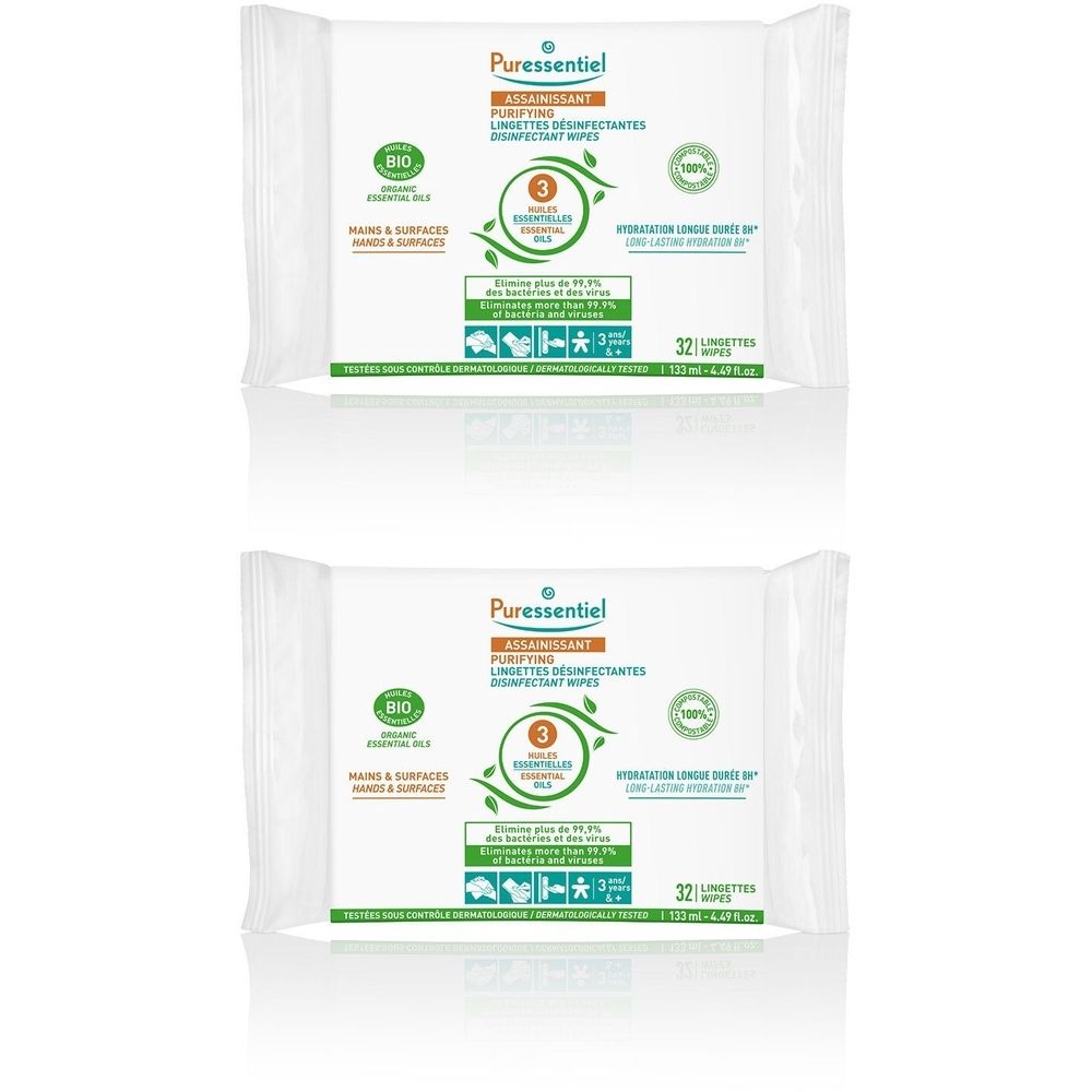 Deux paquets de lingettes désinfectantes. Emballage blanc avec accents verts et bleus. Texte : BIO, 3 Huiles essentielles, 32 lingettes.