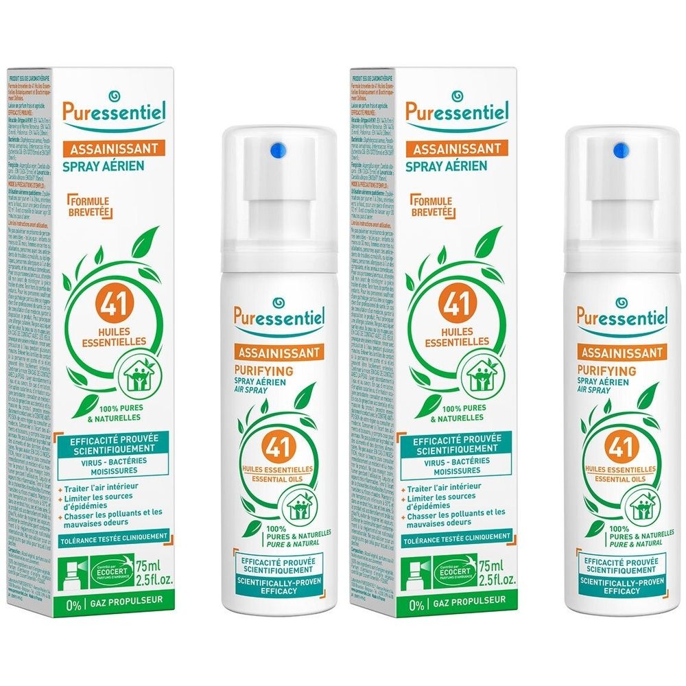 Trois flacons spray blancs et emballages. Inscription: 41 Huiles Essentielles, Spray Aérien. Feuilles vertes et logos.