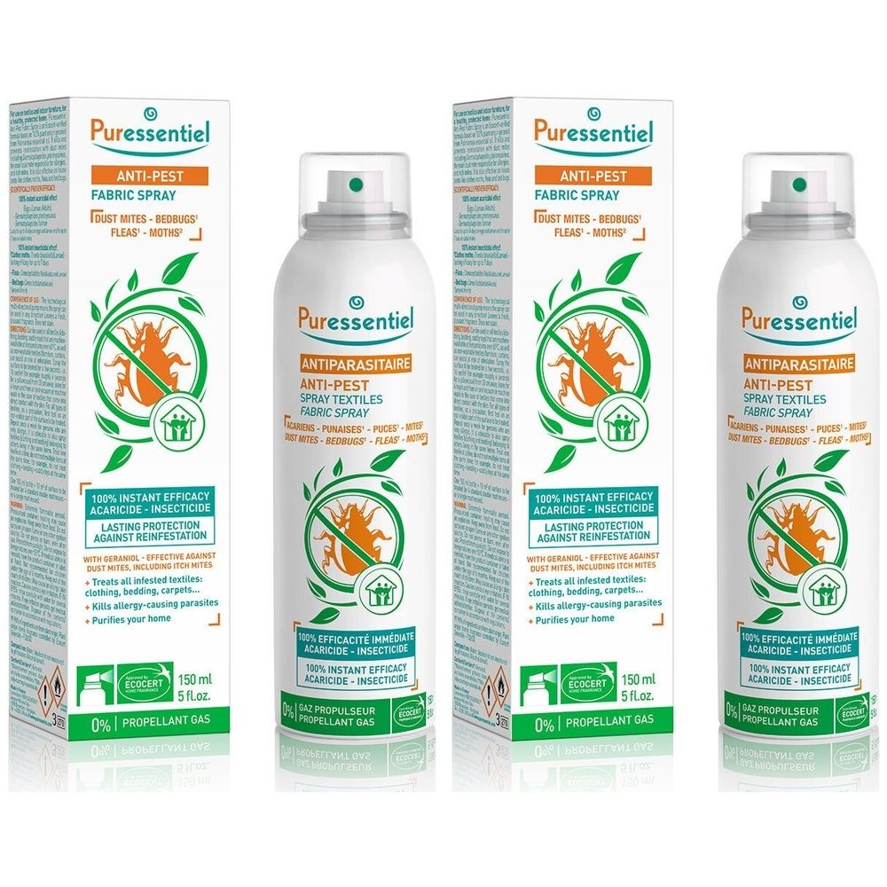 Trois sprays et emballages. Spray blanc avec étiquette verte et orange. Texte : Anti-Pest, Anti-Parasitaire, 100% efficacité.