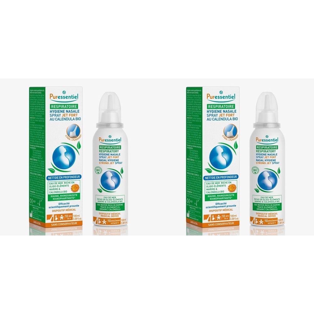 Deux flacons et emballages. Inscription: PURESSENTIEL RESPIRATOIRE, spray nasal, Jet Fort, au Calendula Bio. Emballage vert et blanc.