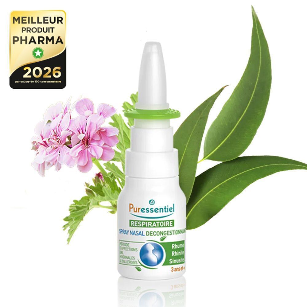 Spray nasal blanc avec applicateur vert. Inscription: Respiratoire. Avec sceau de certification. Fleurs et feuilles décoratives.