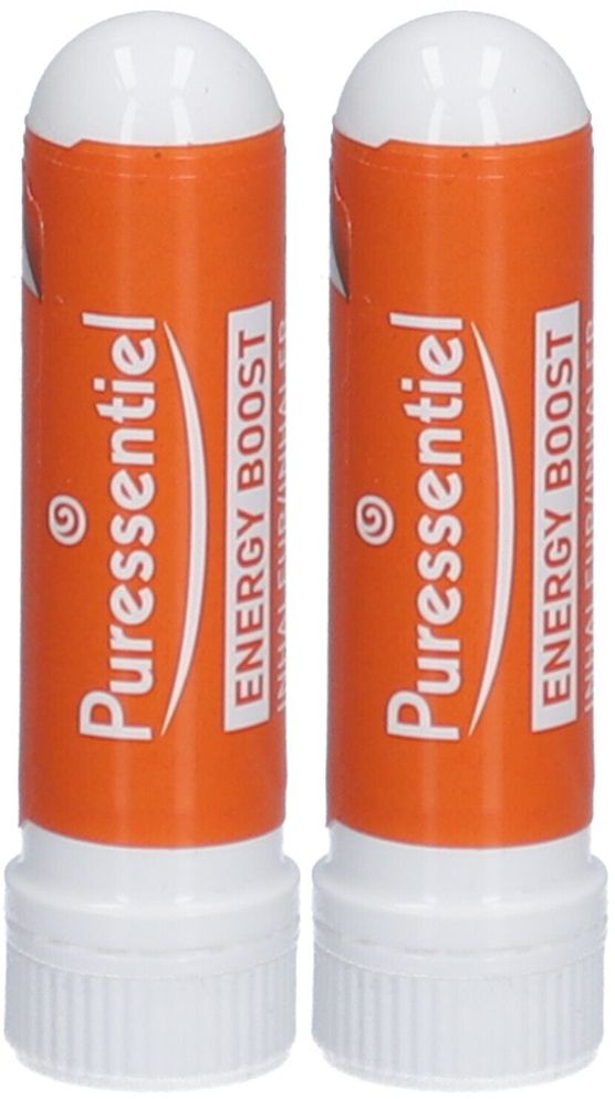 Deux inhalateurs orange avec bouchon blanc. Inscription : Puressentiel, Energy Boost.