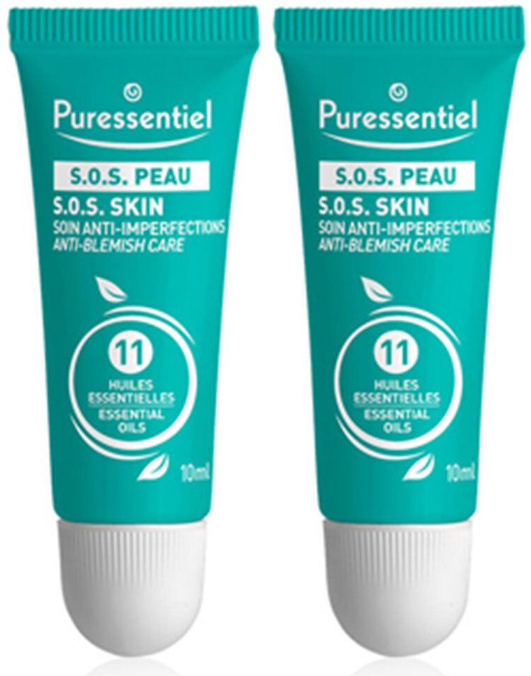 Deux tubes turquoise. Inscription: Puressentiel, S.O.S. PEAU, S.O.S. SKIN, 11 huiles essentielles. Bouchon blanc.