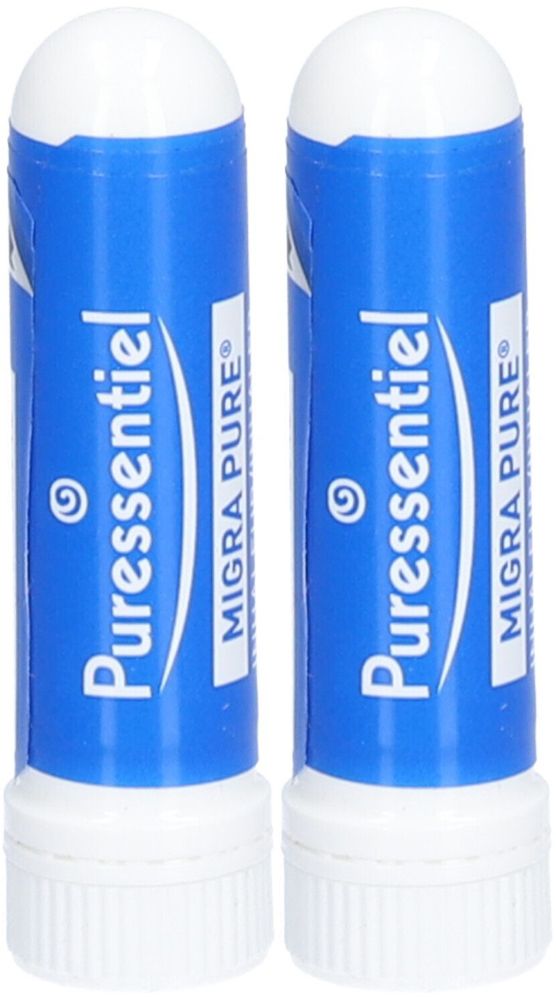 Deux inhalateurs bleus avec bouchons blancs. Inscription: Puressentiel Migra Pure.