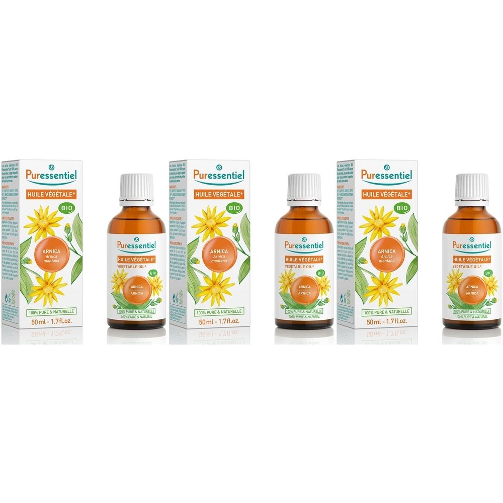 Huile végétale Bio Arnica Puressentiel en flacons de verre brun avec boîte.