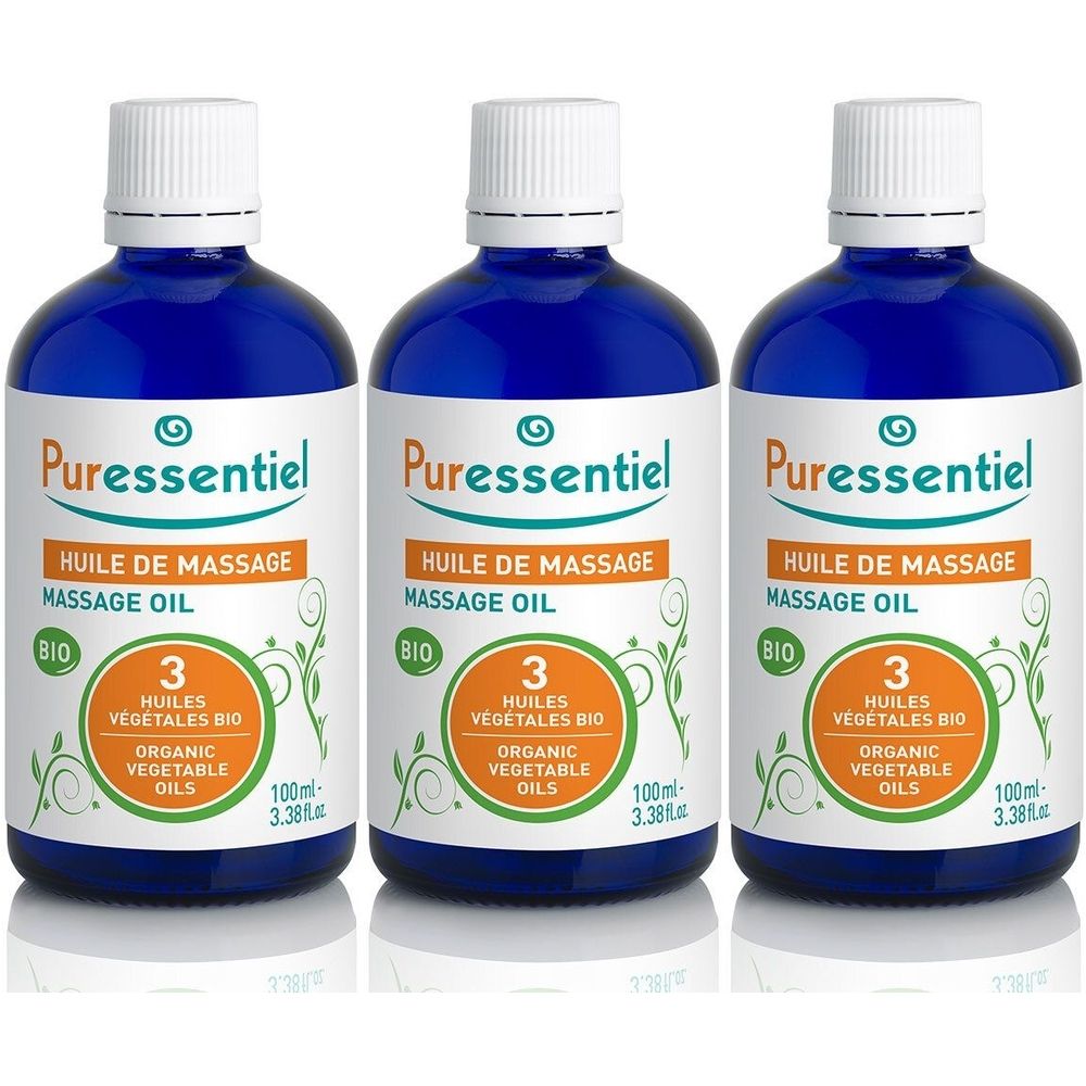 Trois flacons en verre bleu avec bouchons blancs. Étiquettes avec "Puressentiel", "Huile de Massage" et mention "Bio".