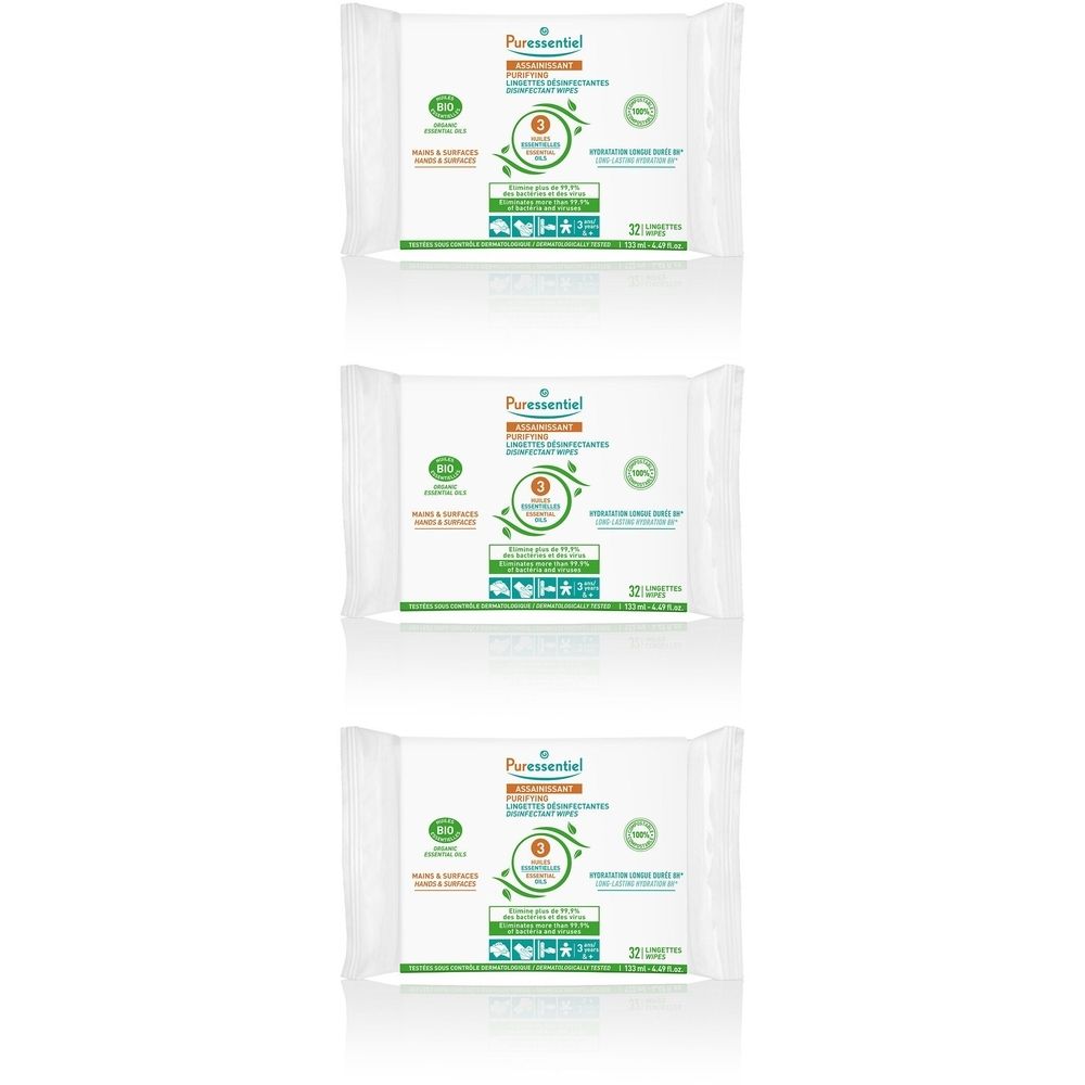 Trois paquets de lingettes. Chaque paquet a un design blanc avec des accents verts et bruns. Le nom de la marque est visible.