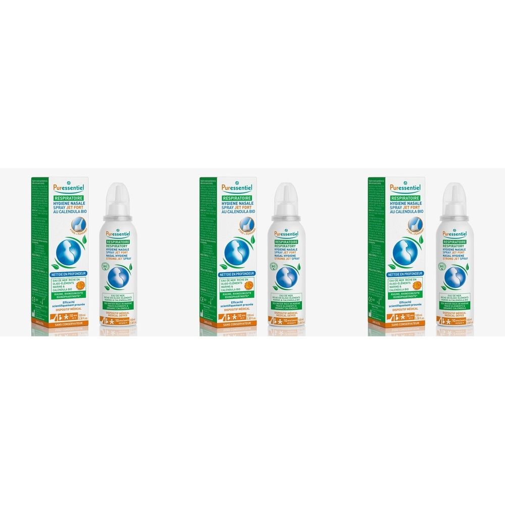 Plusieurs flacons et emballages. Inscription : PURESSENTIEL RESPIRATOIRE Spray Hygiène Nasale. Emballage vert et orange.