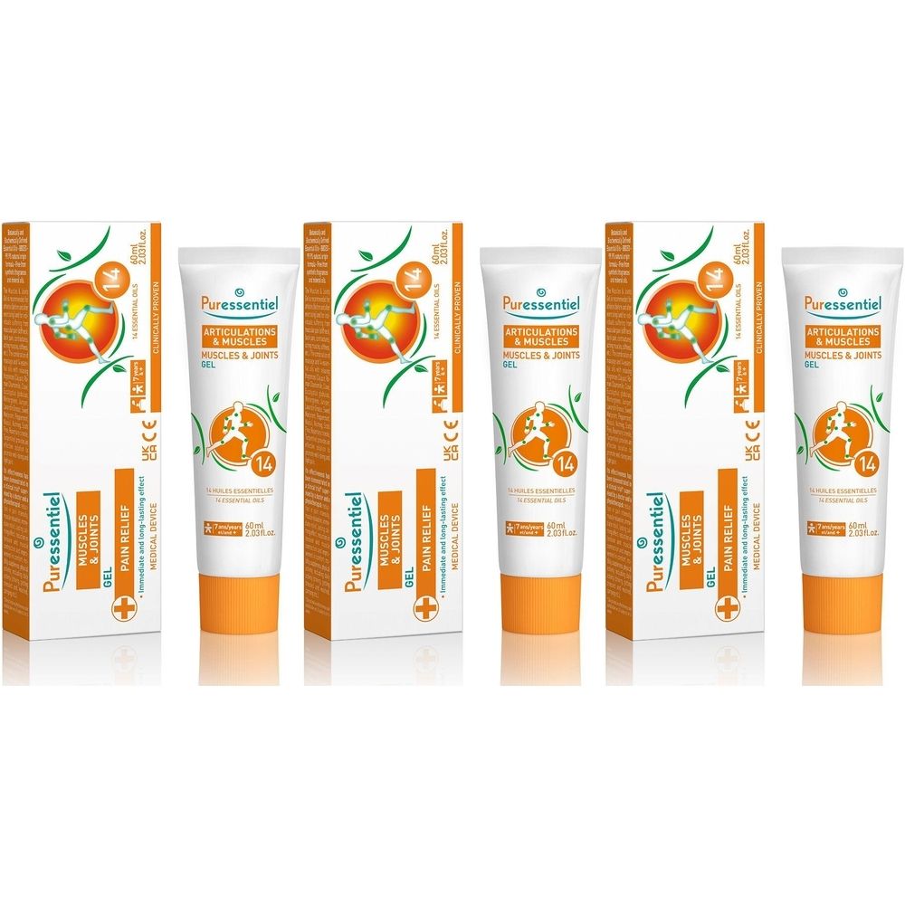 Plusieurs tubes et boîtes. Inscription: Puressentiel, Muscles & Articulations, Soulagement de la douleur. Emballage orange et blanc.