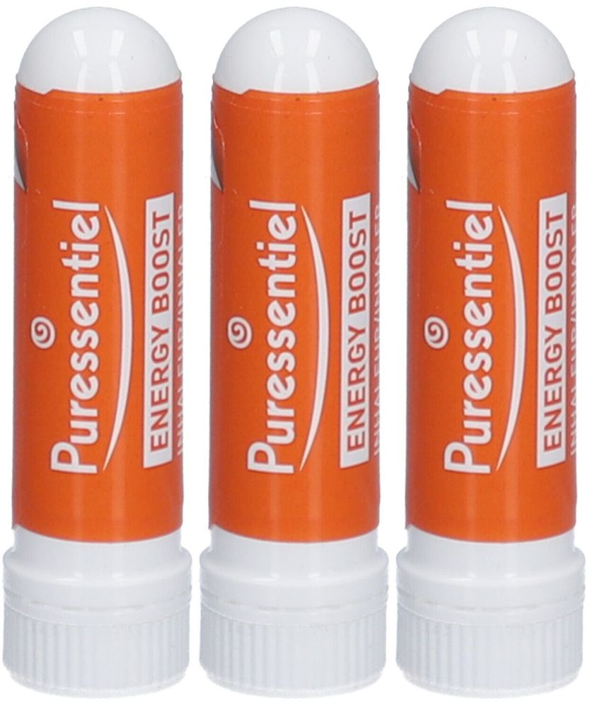 Trois inhalateurs orange avec bouchon blanc. Inscription : Puressentiel, Energy Boost.
