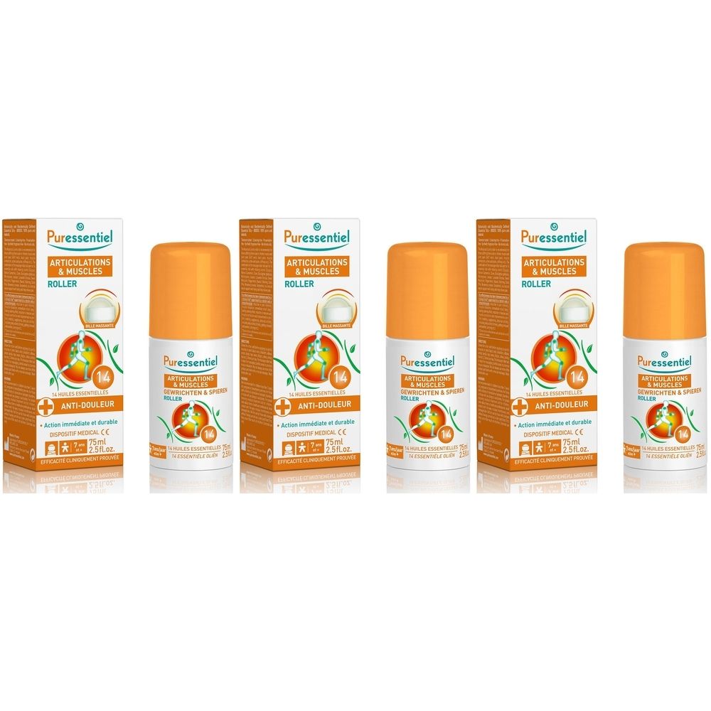 Cinq flacons roll-on et emballages. Inscription : Puressentiel, Articulations & Muscles Roller, Anti-Douleur. Bouchons oranges.