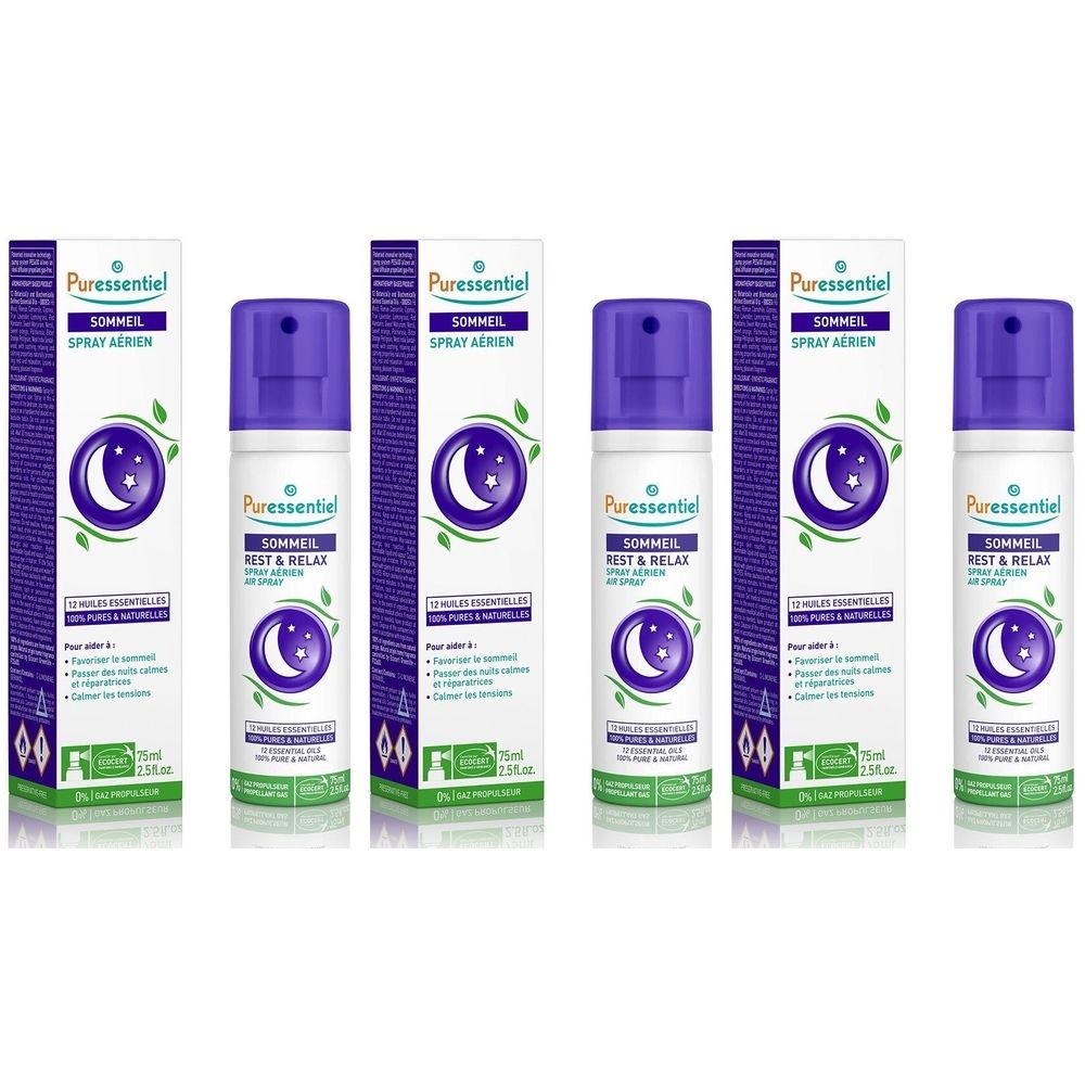 Plusieurs flacons et emballages de spray Puressentiel Sommeil. Flacons avec tête de pulvérisation violette et emballage blanc avec logo lune.