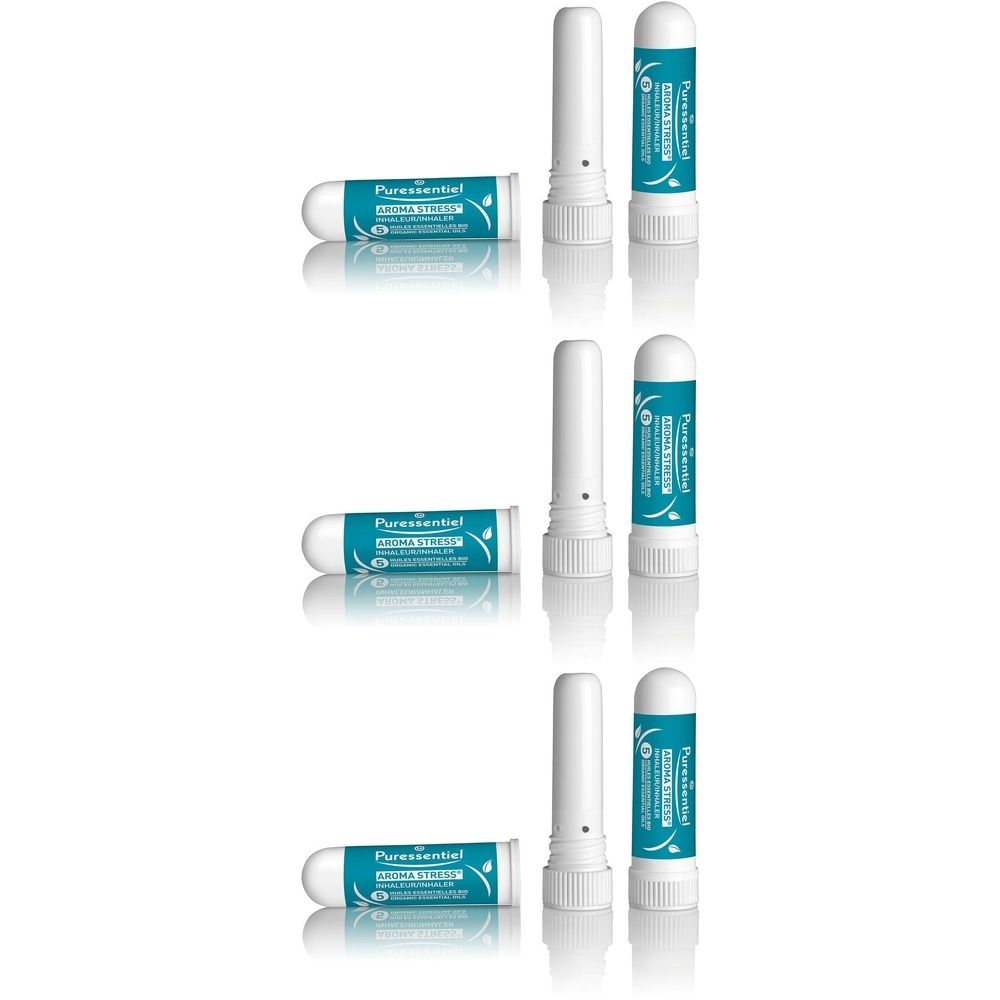 Plusieurs inhalateurs blancs avec étiquettes bleues. Inscription : Puressentiel AROMA STRESS®. Présentés debout et couchés.