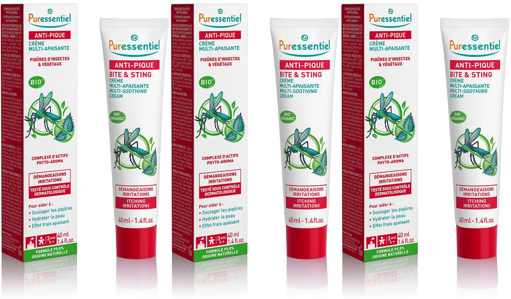 Plusieurs tubes de crème anti-piqûres. Blanc, avec texte rouge et vert. Logo : papillon vert et feuilles.