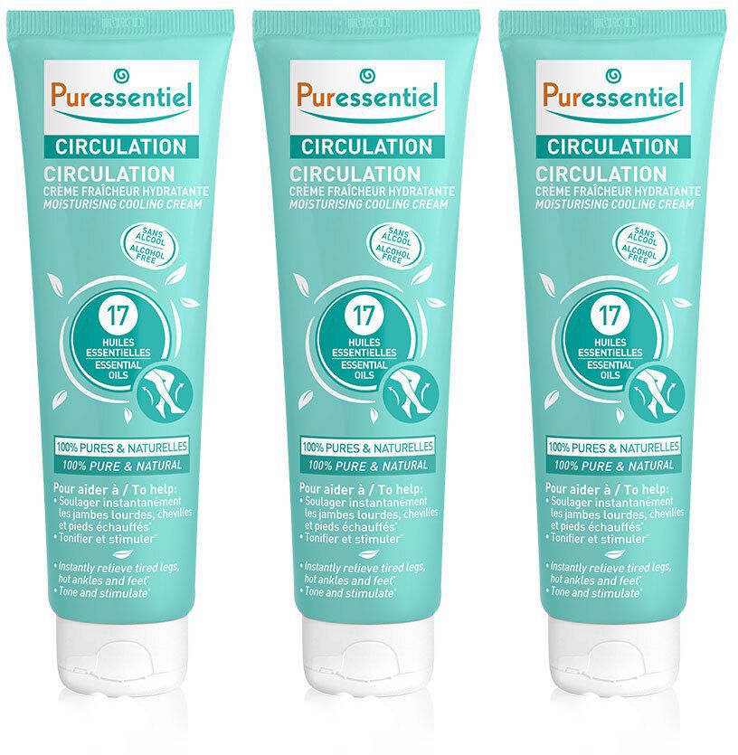 Trois tubes de crème. Turquoise, bouchon blanc. Inscription: Puressentiel, Circulation, 17 huiles essentielles. Sans alcool.