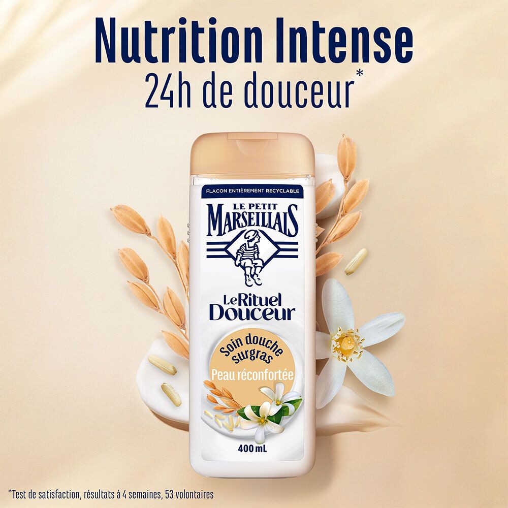 Flacon de produit avec texte: Nutrition Intense 24h de douceur. Fleurs et épis de riz en décoration.