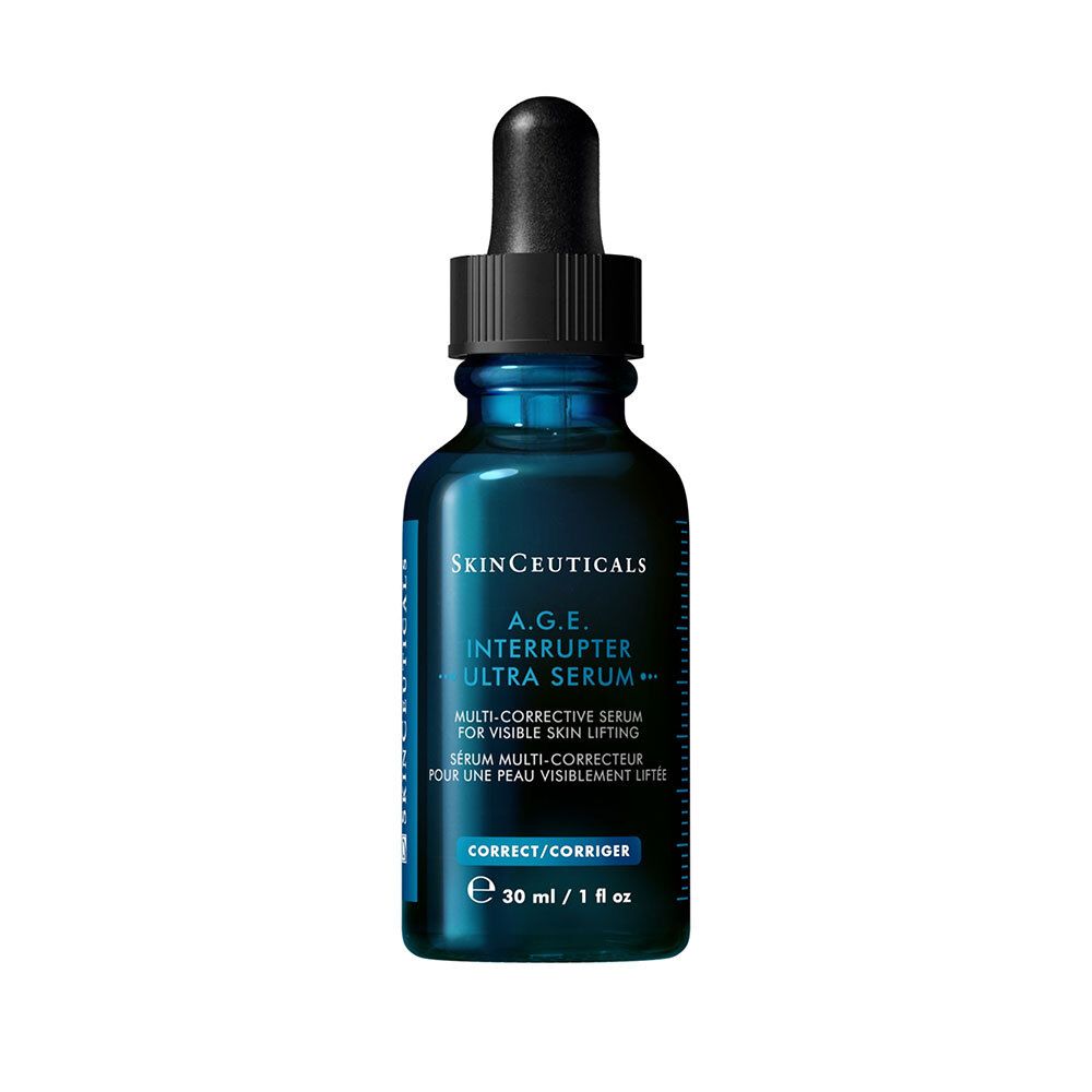 Flacon bleu foncé avec pipette. Inscription : SkinCeuticals A.G.E. Interrupter Ultra Serum. 30 ml.