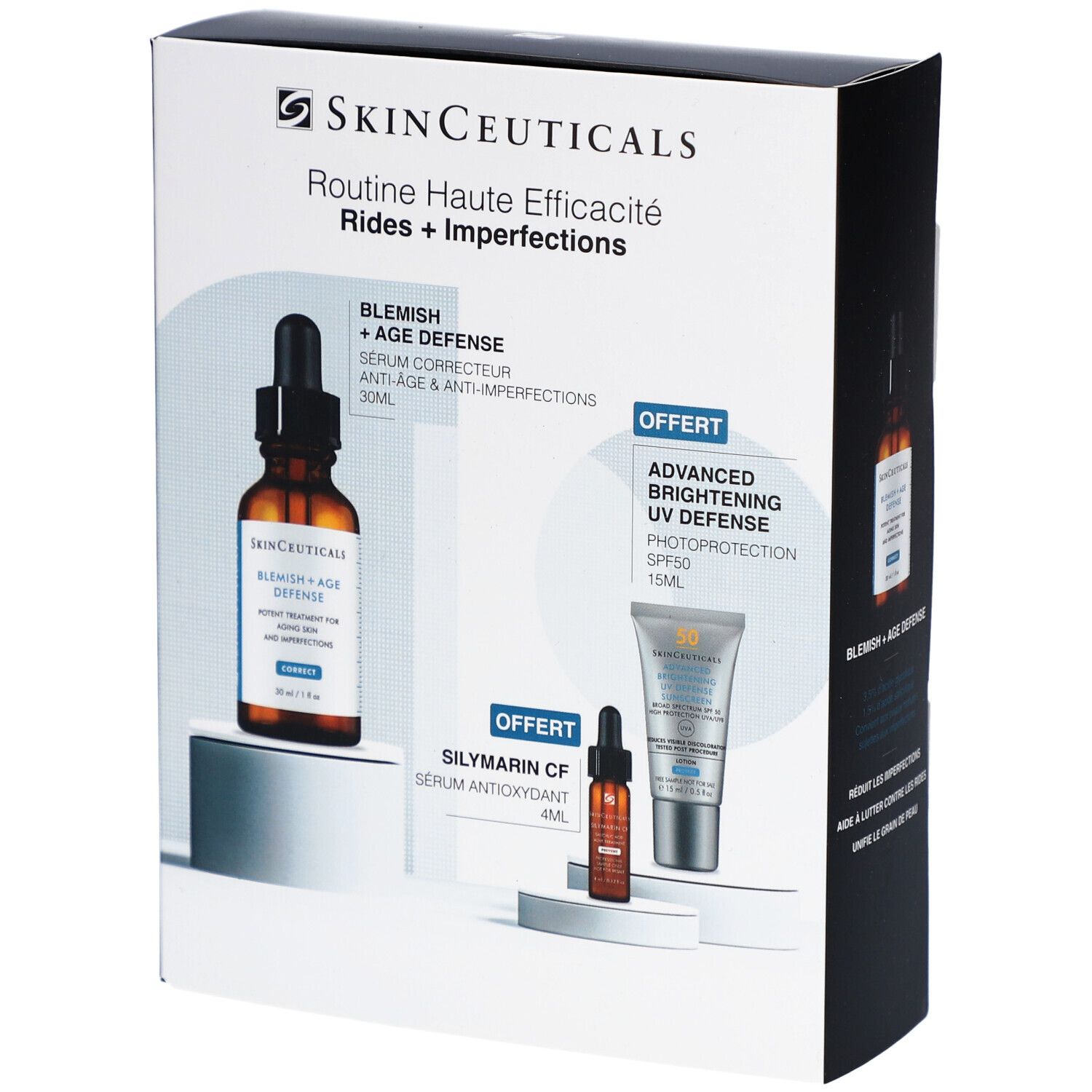 Coffret SkinCeuticals. Contient sérum et protection solaire. Emballage avec visuels produits et texte.