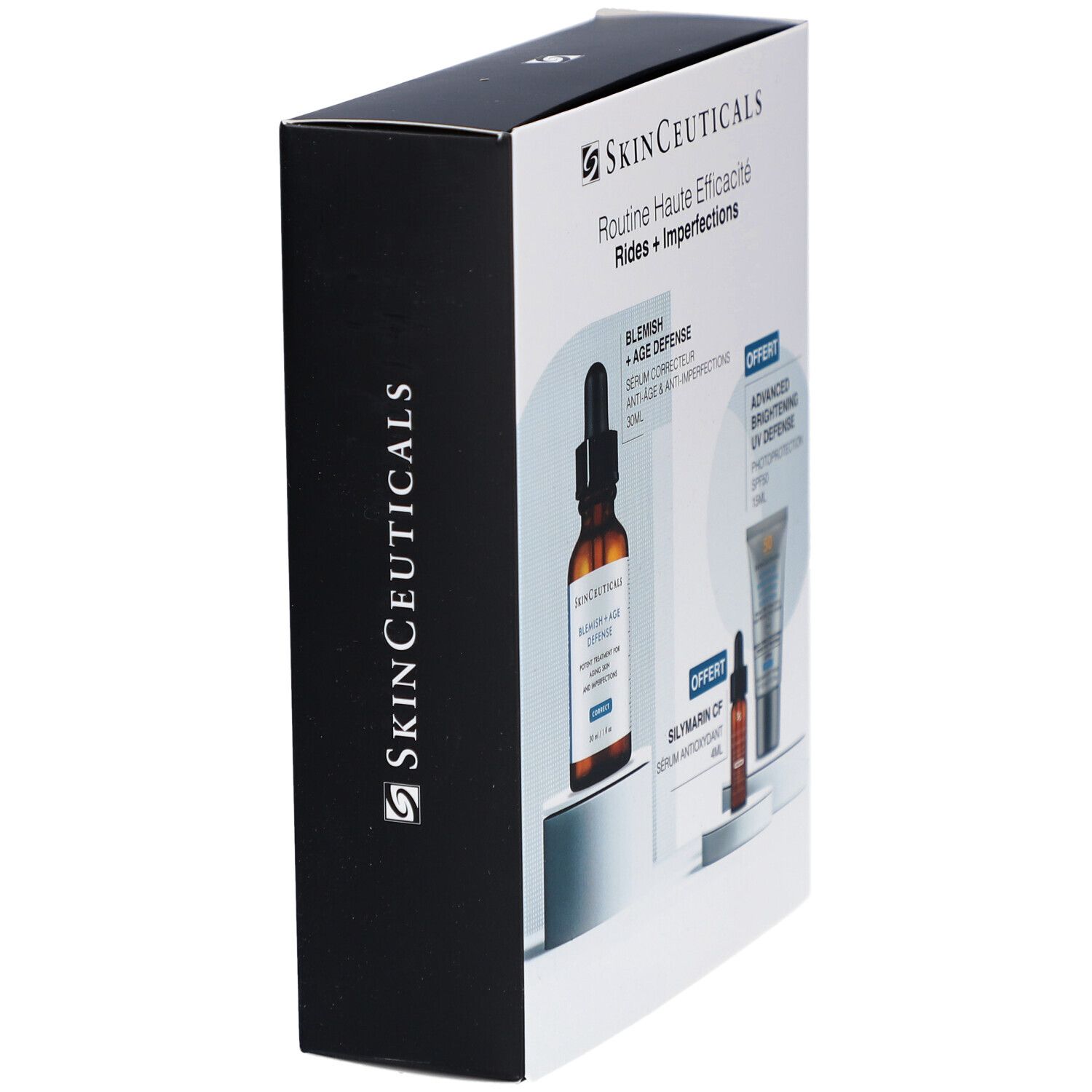 Emballage Coffret SkinCeuticals. Boîte noire avec nom et logo. Vue latérale.