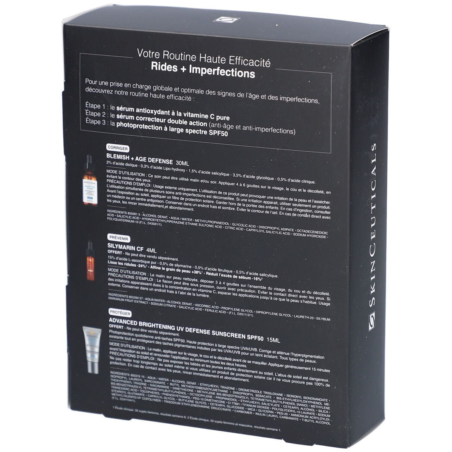 Dos de l'emballage Coffret SkinCeuticals. Texte en français. Informations et ingrédients du produit.