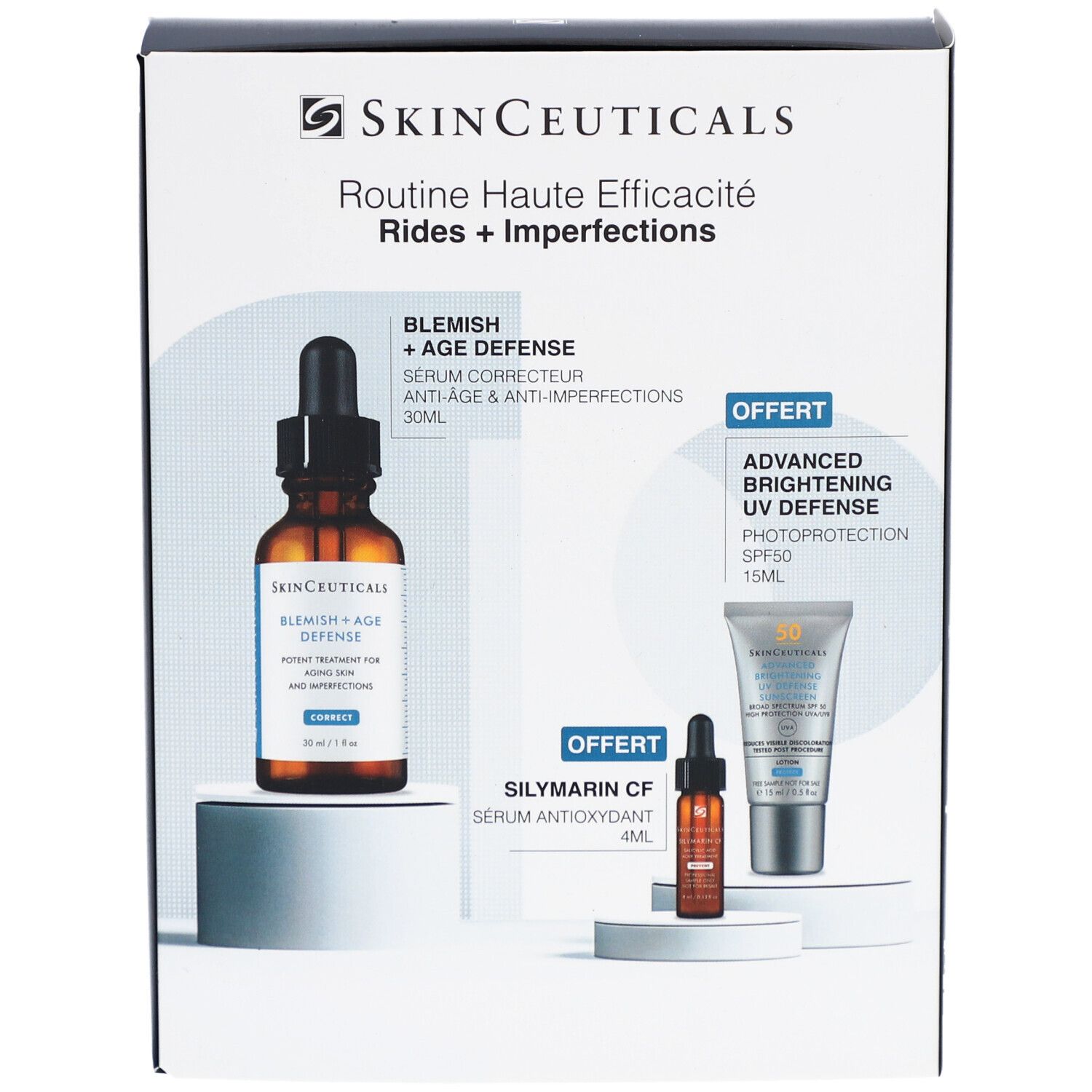 Coffret SkinCeuticals. Contient sérum, protection solaire et un autre sérum. Emballage.