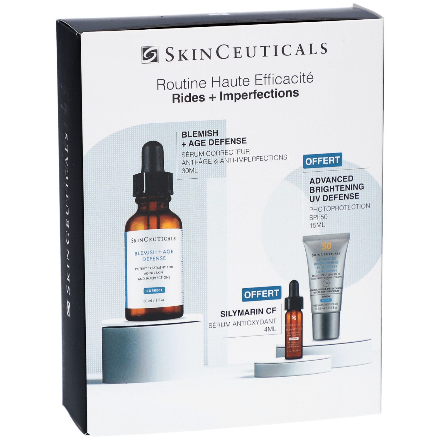 Emballage Coffret SkinCeuticals. Contient sérum et protection solaire. Boîte avec visuels.