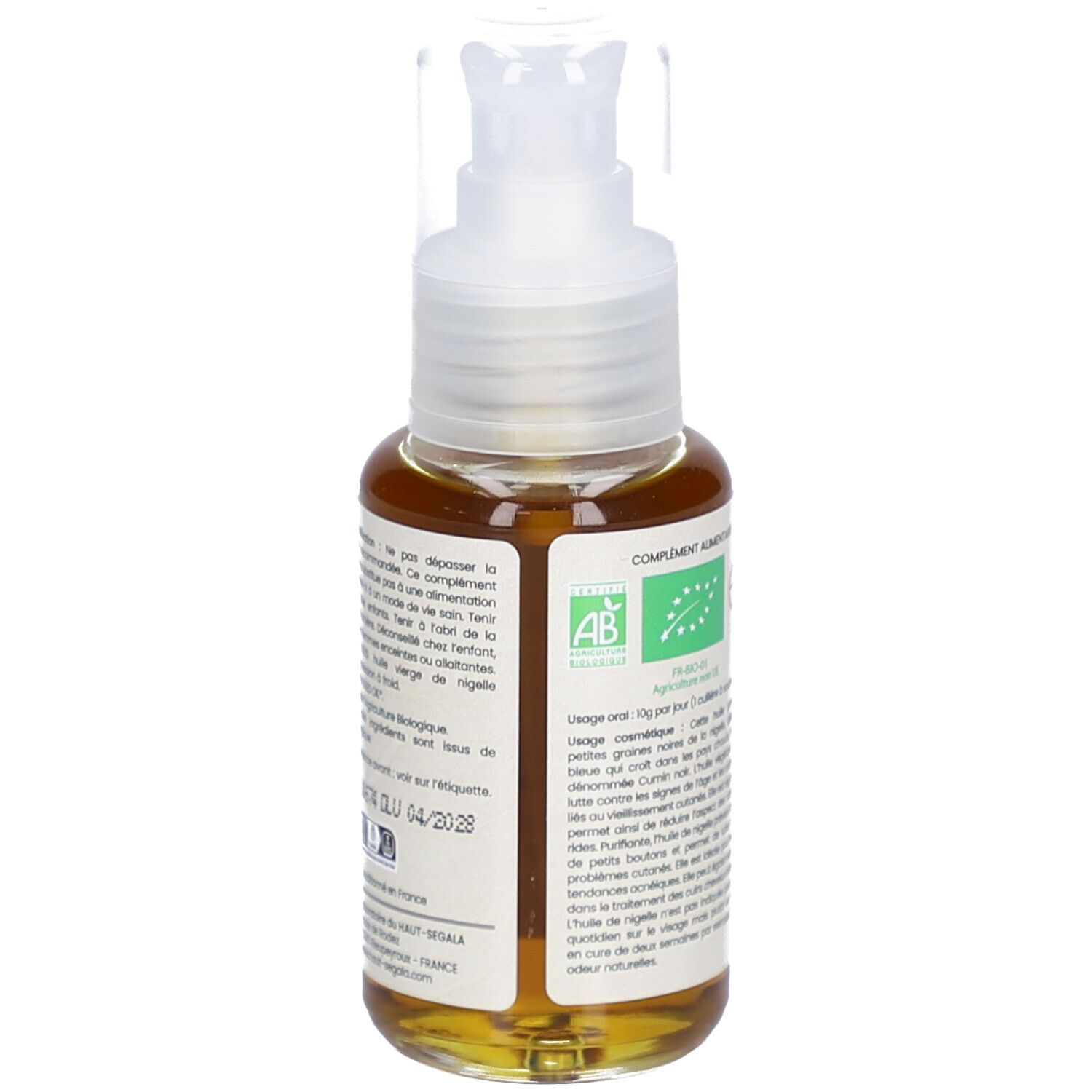 Dos d'une bouteille de liquide brun. Texte: certification AB, informations complémentaires. Label: Laboratoire du Haut-Ségala.