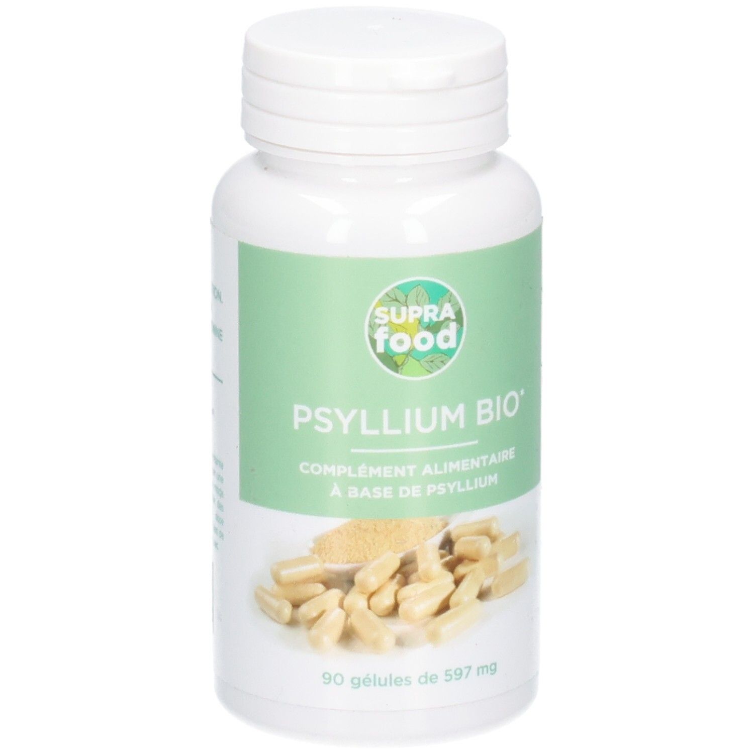 Flacon blanc avec gélules. Inscription: SUPRAFOOD, PSYLLIUM BIO, 90 gélules. Étiquette verte et blanche.