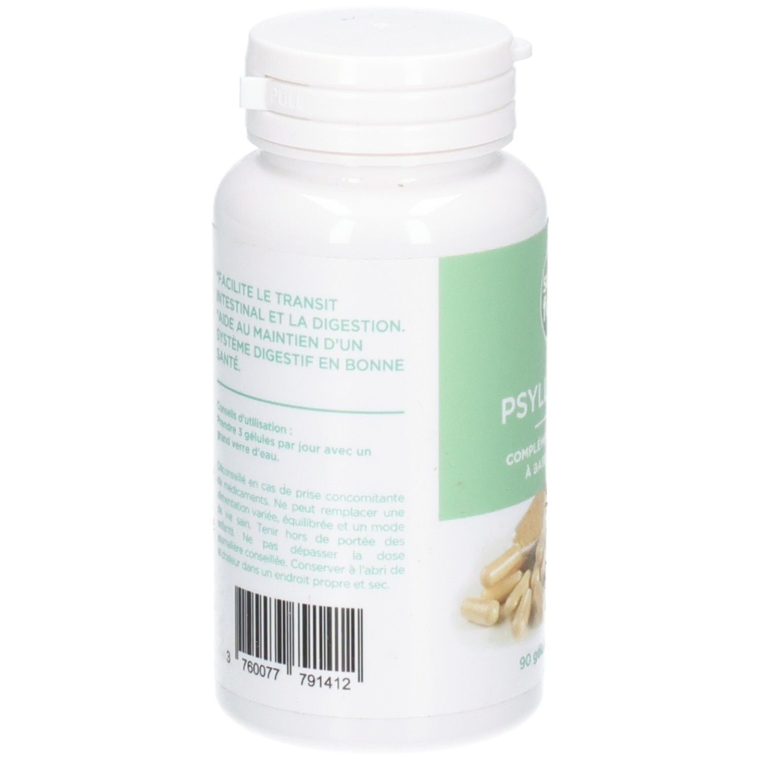 Dos du flacon blanc. Texte: Facilite le transit intestinal et la digestion. Code-barres et autres informations.