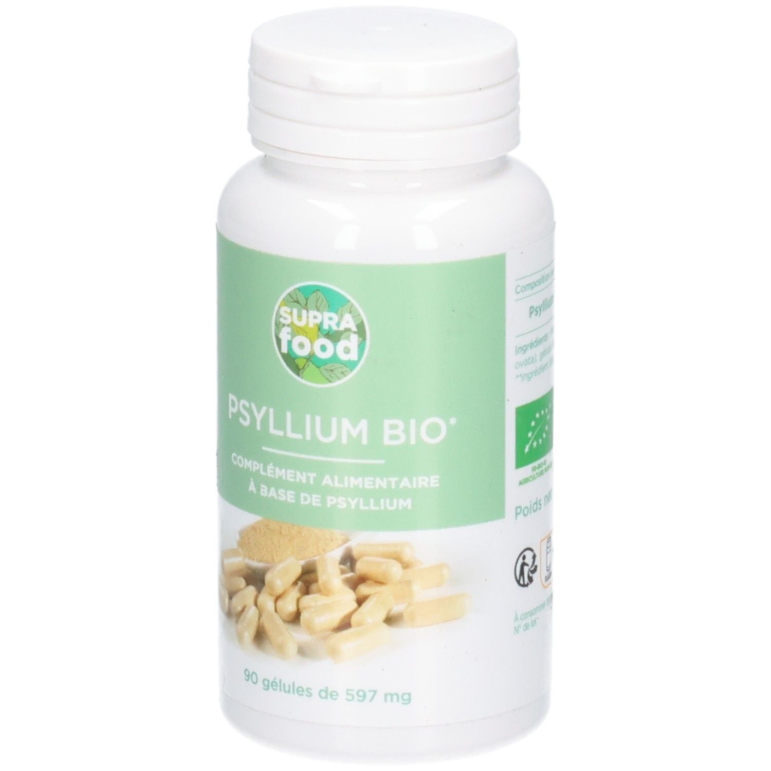 Flacon blanc avec gélules. Inscription: SUPRAFOOD, PSYLLIUM BIO, 90 gélules. Étiquette verte et blanche.