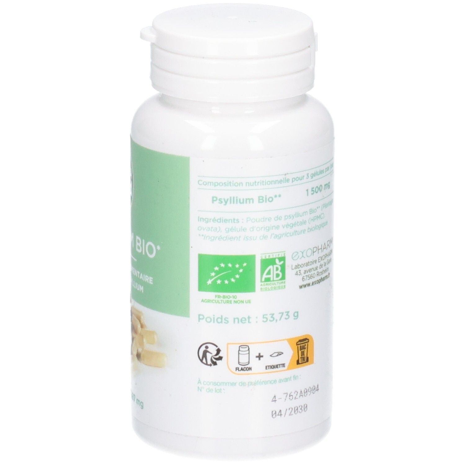 Dos du flacon blanc. Texte: Psyllium Bio, ingrédients, label bio, poids net. Informations.