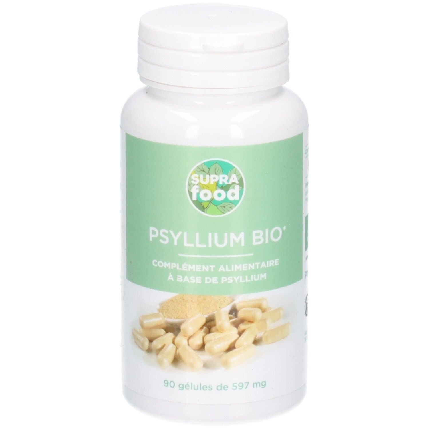 Flacon blanc avec gélules. Inscription: SUPRAFOOD, PSYLLIUM BIO, 90 gélules. Étiquette verte et blanche.