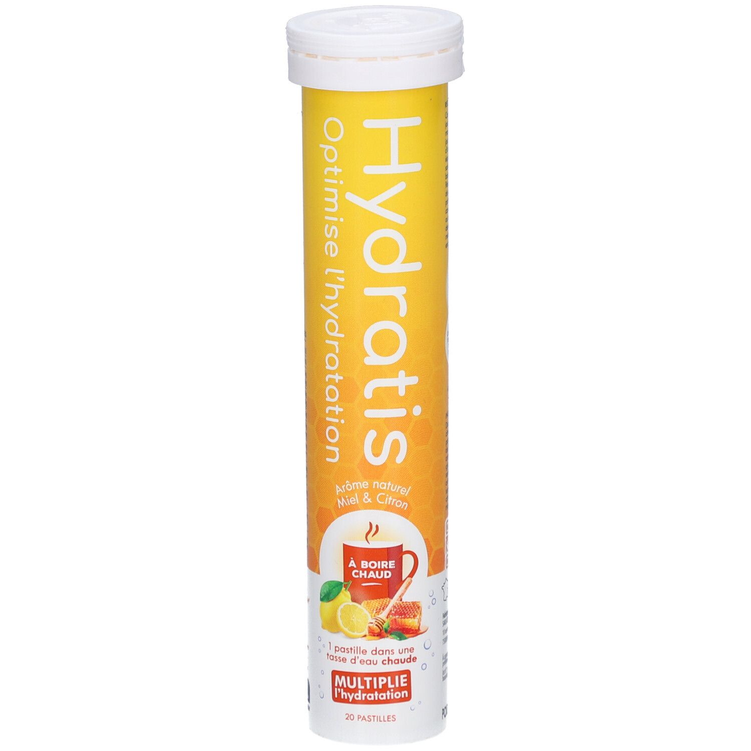 Tube jaune avec bouchon blanc. Inscription: Hydratis, Optimise l'hydratation. Goût: Miel & Citron. Illustration: Tasse de boisson chaude.