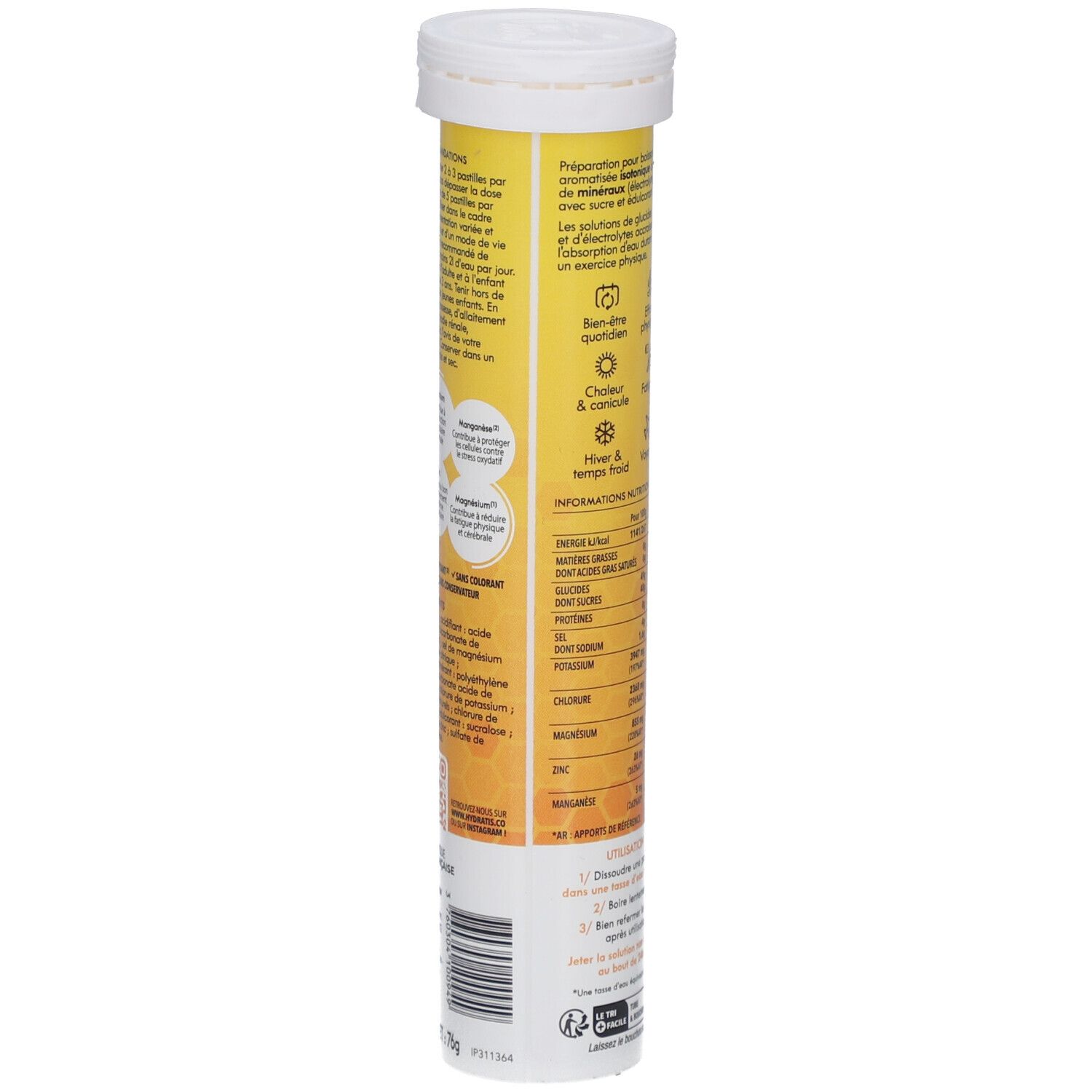 Tube jaune avec textes blancs. Contient des instructions d'utilisation. Inscription: Hydratis, Optimise l'hydratation. Dos avec informations.