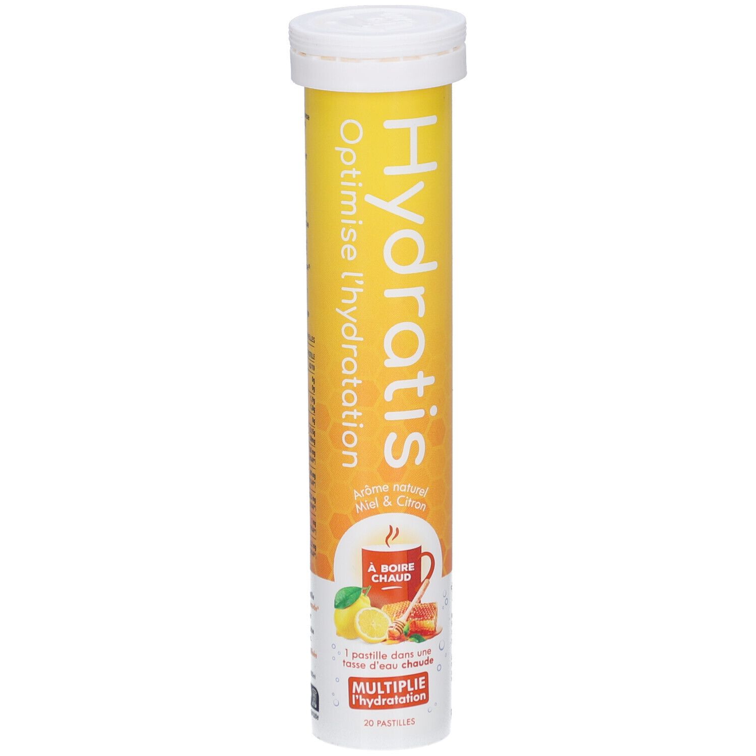 Tube jaune avec bouchon blanc. Inscription: Hydratis, Optimise l'hydratation. Goût: Miel & Citron. Illustration: Tasse de boisson chaude.