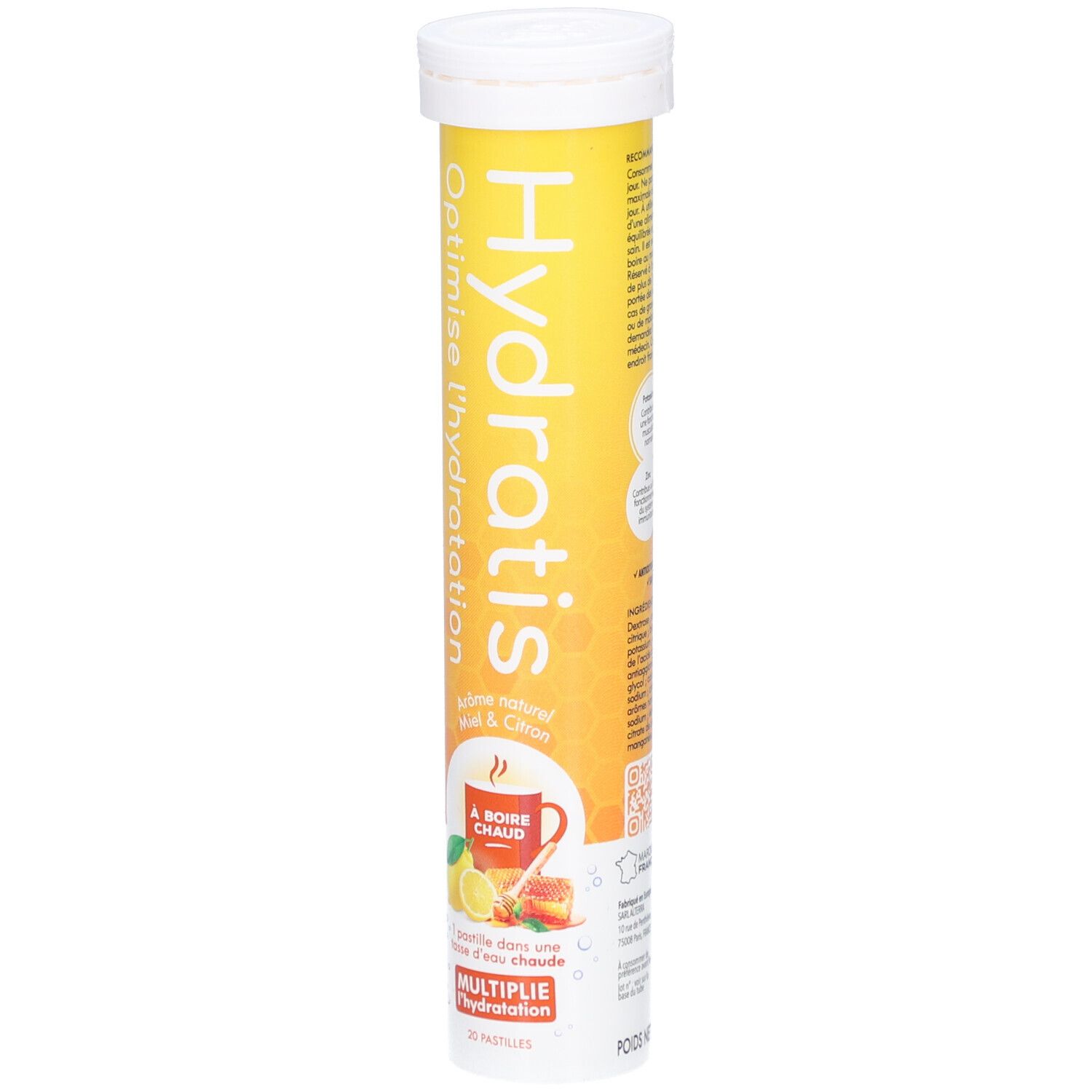 Tube jaune avec bouchon blanc. Inscription: Hydratis, Optimise l'hydratation. Goût: Miel & Citron. Illustration: Tasse de boisson chaude.