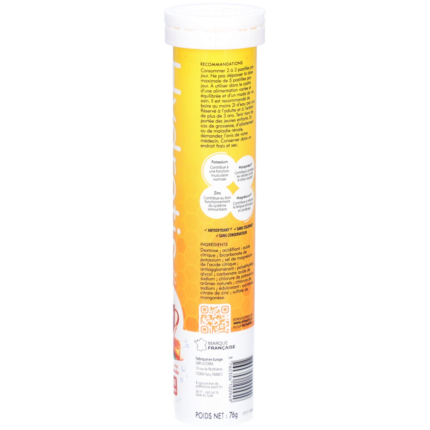 Tube jaune avec textes blancs. Contient des recommandations d'utilisation. Inscription: Hydratis, Optimise l'hydratation. Dos avec informations.