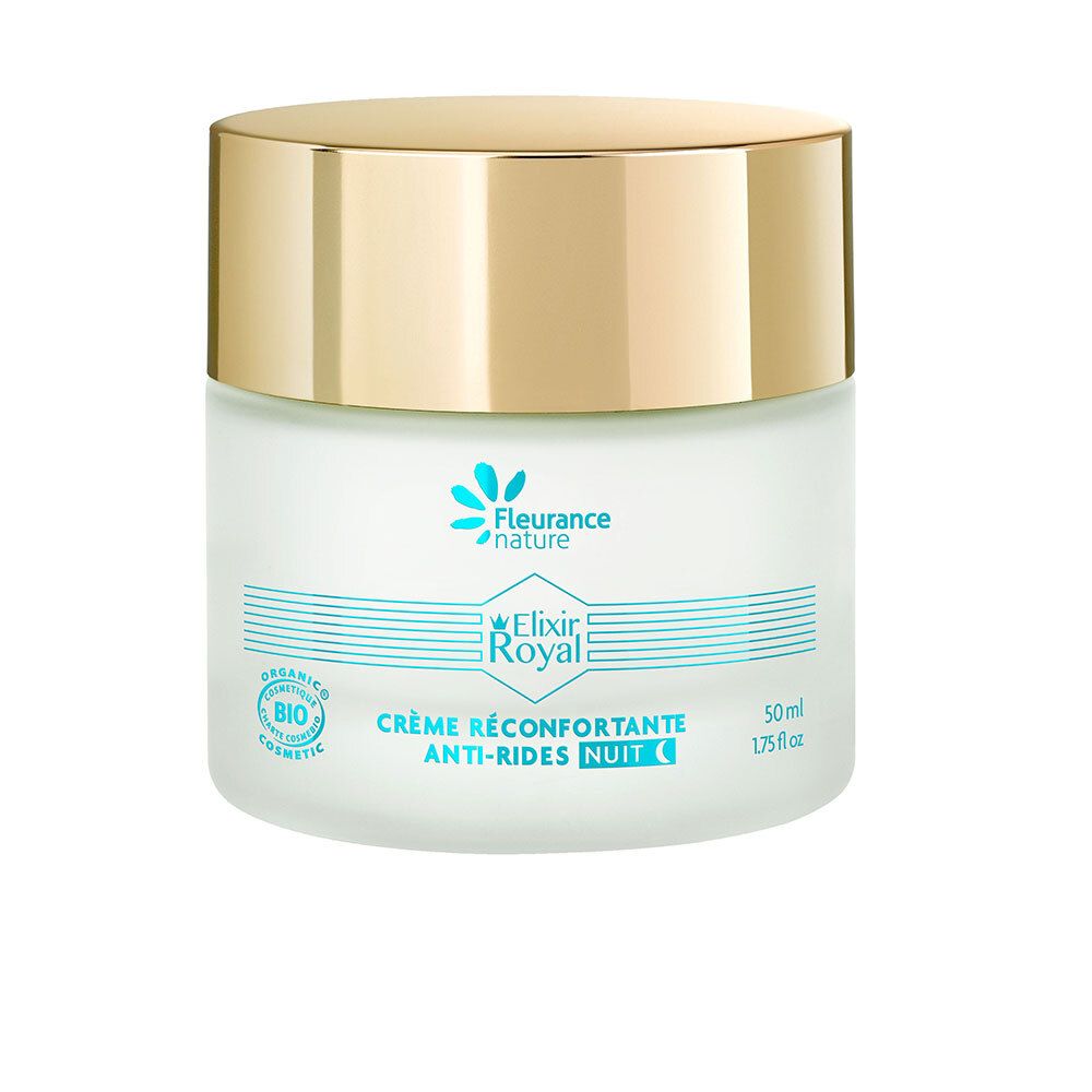 Pot de crème avec couvercle doré. Inscription: Elixir Royal, Crème Réconfortante Anti-Rides Nuit. Certification bio.