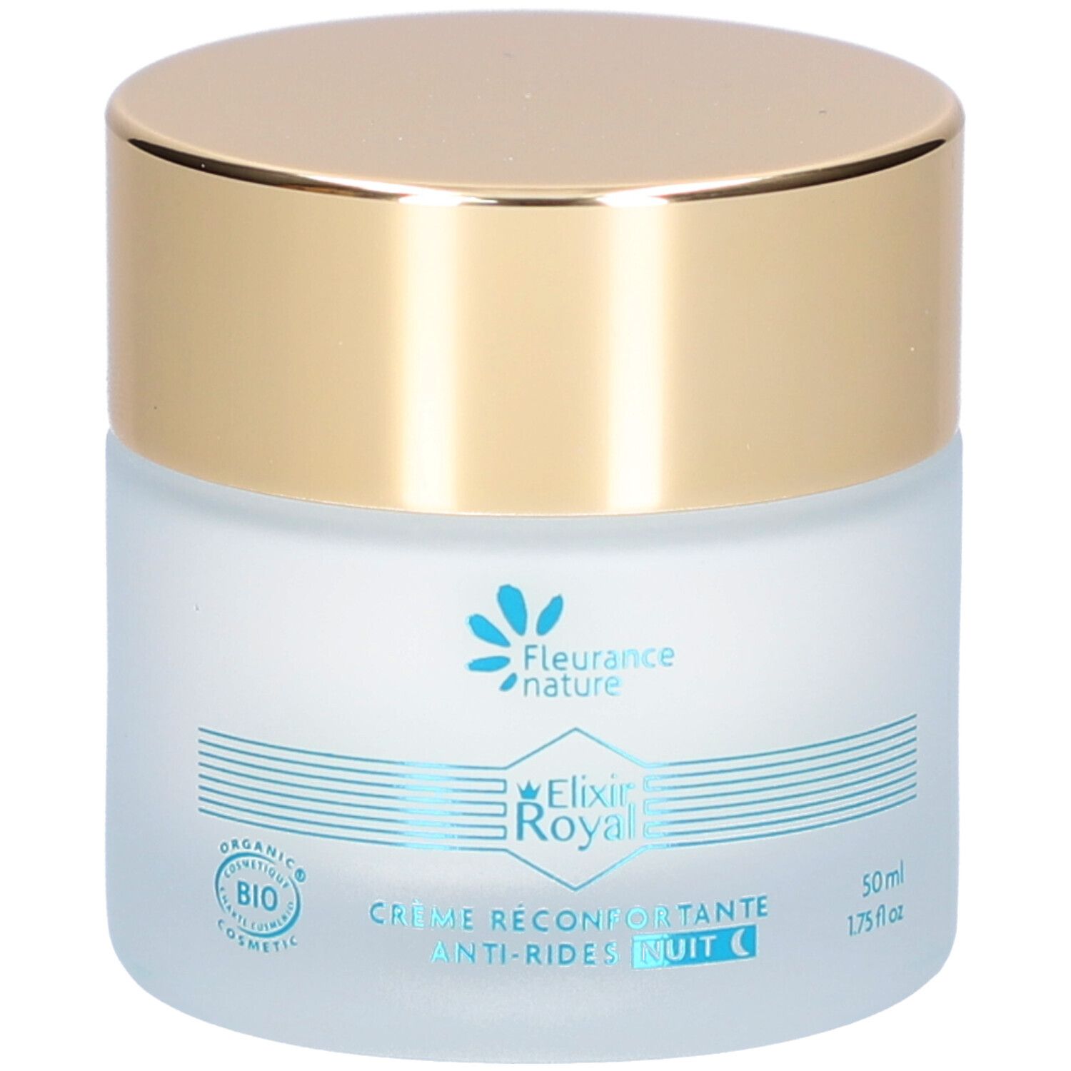 Pot de crème avec couvercle doré. Inscription: Elixir Royal, Crème Reconfotante Anti-Rides Nuit. Certification Bio.