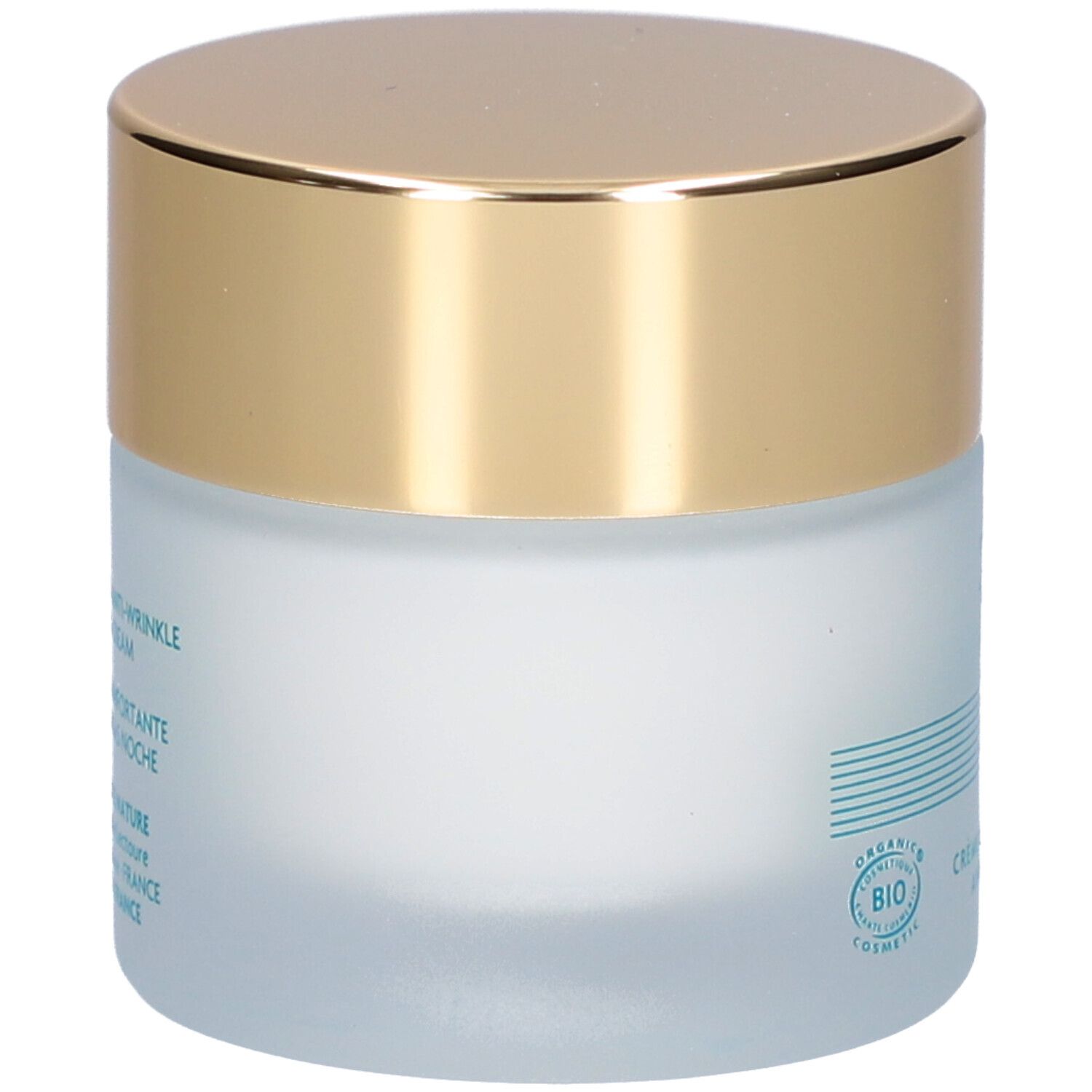 Pot de crème avec couvercle doré. Inscription: Elixir Royal, Crème Reconfotante Anti-Rides Nuit. Certification Bio.