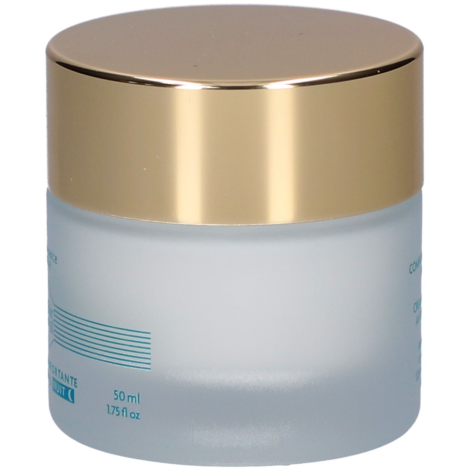 Pot de crème avec couvercle doré. Inscription: Elixir Royal, Crème Reconfotante Anti-Rides Nuit. Certification Bio.