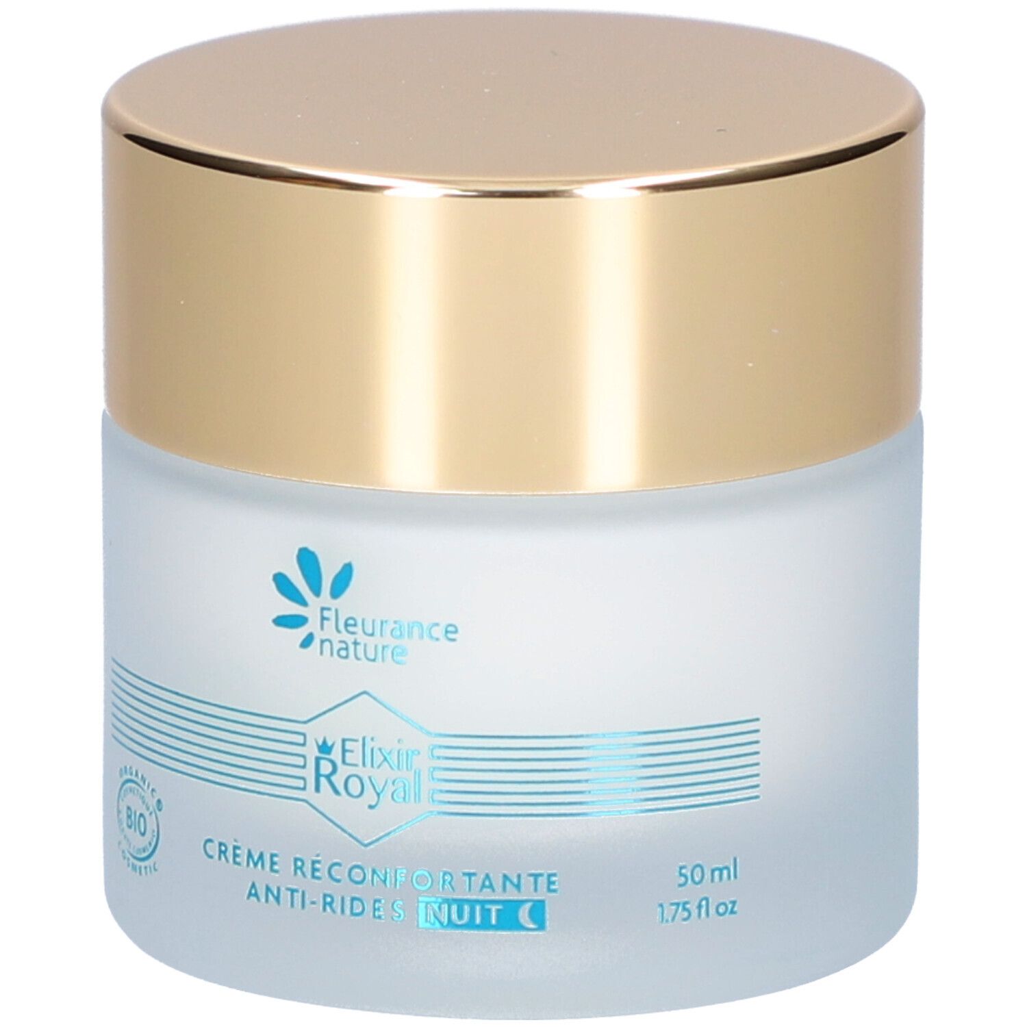 Pot de crème avec couvercle doré. Inscription: Elixir Royal, Crème Reconfotante Anti-Rides Nuit. Certification Bio.