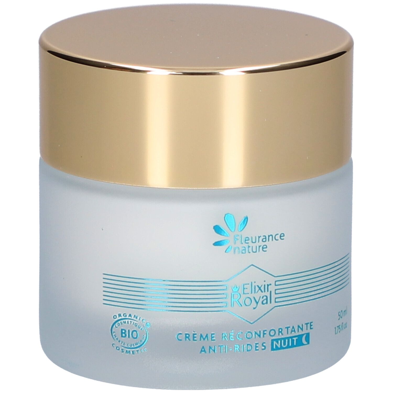 Pot de crème avec couvercle doré. Inscription: Elixir Royal, Crème Reconfotante Anti-Rides Nuit. Certification Bio.